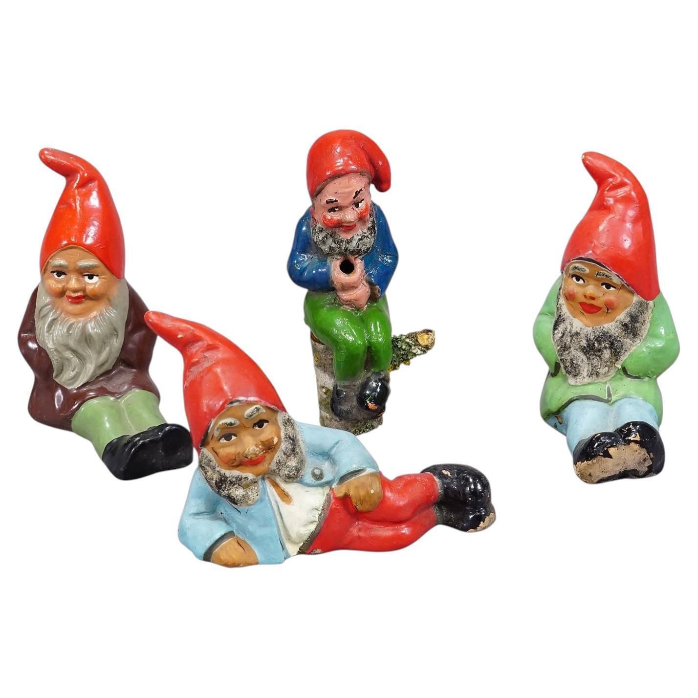 Lot Of Four Tiny Terracotta Garden Gnomes, Germany Ca. 1950s