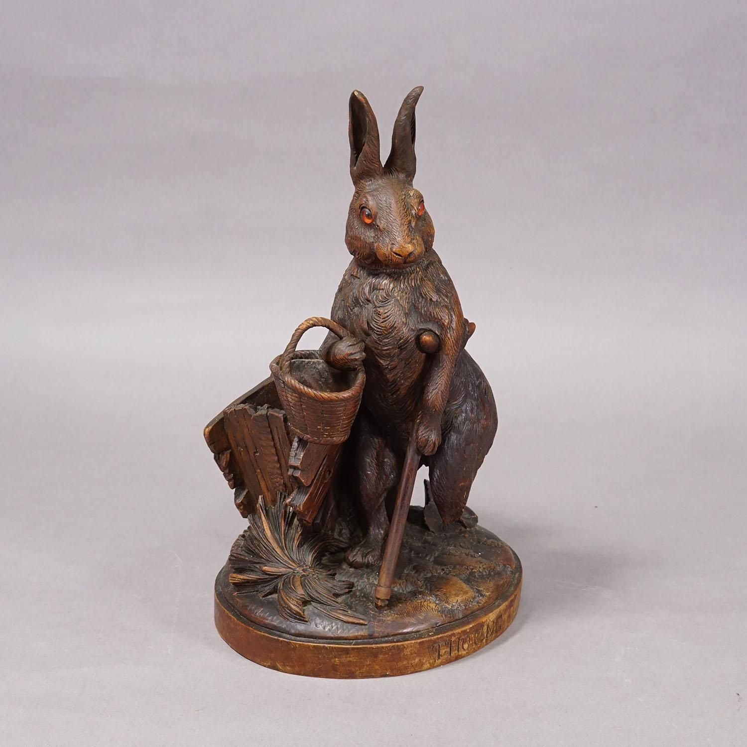 Antique Black Forest Carved Rabbit Figure With Basket, Circa 1900 photo furniture