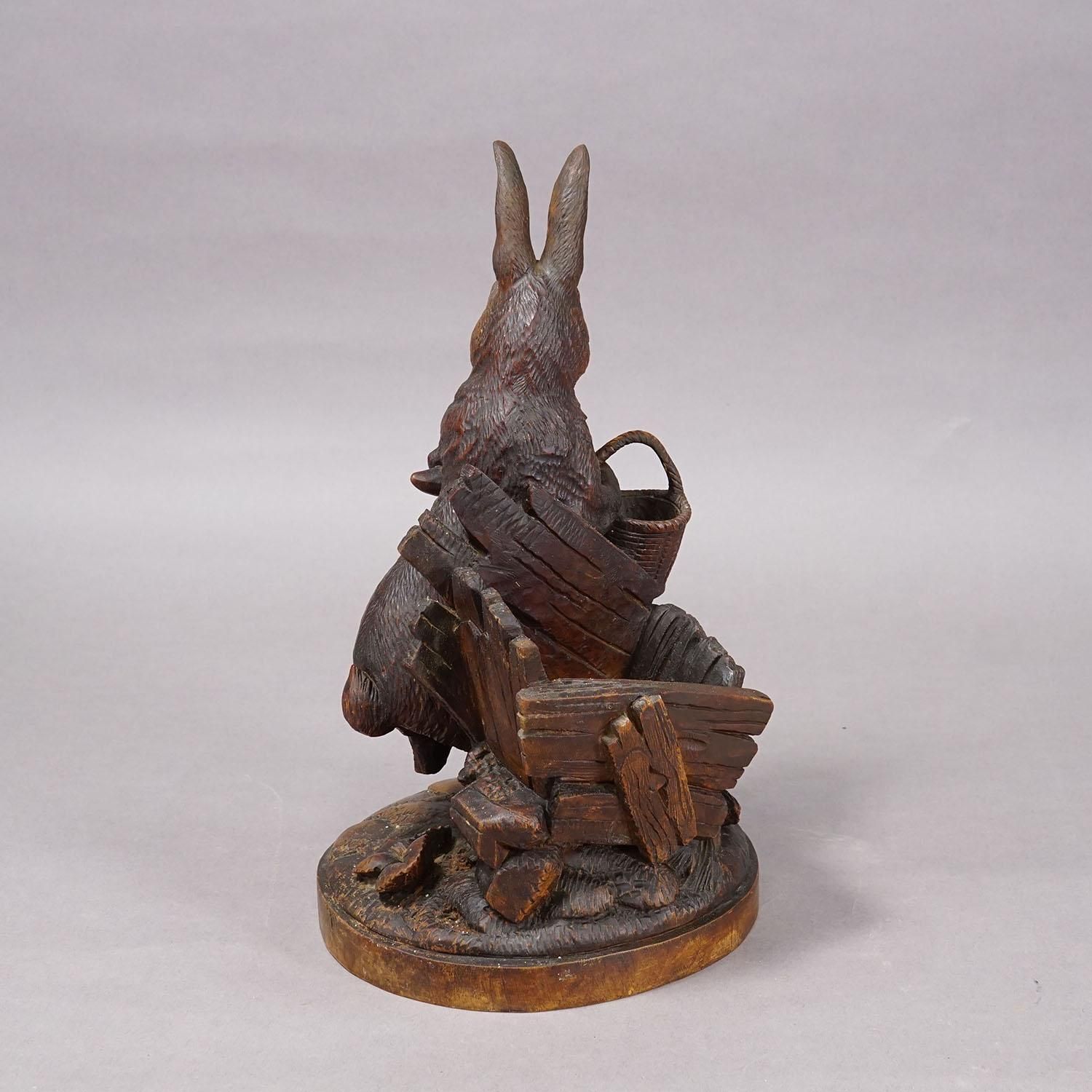 Antique Black Forest Carved Rabbit Figure With Basket, Circa 1900 photo Art