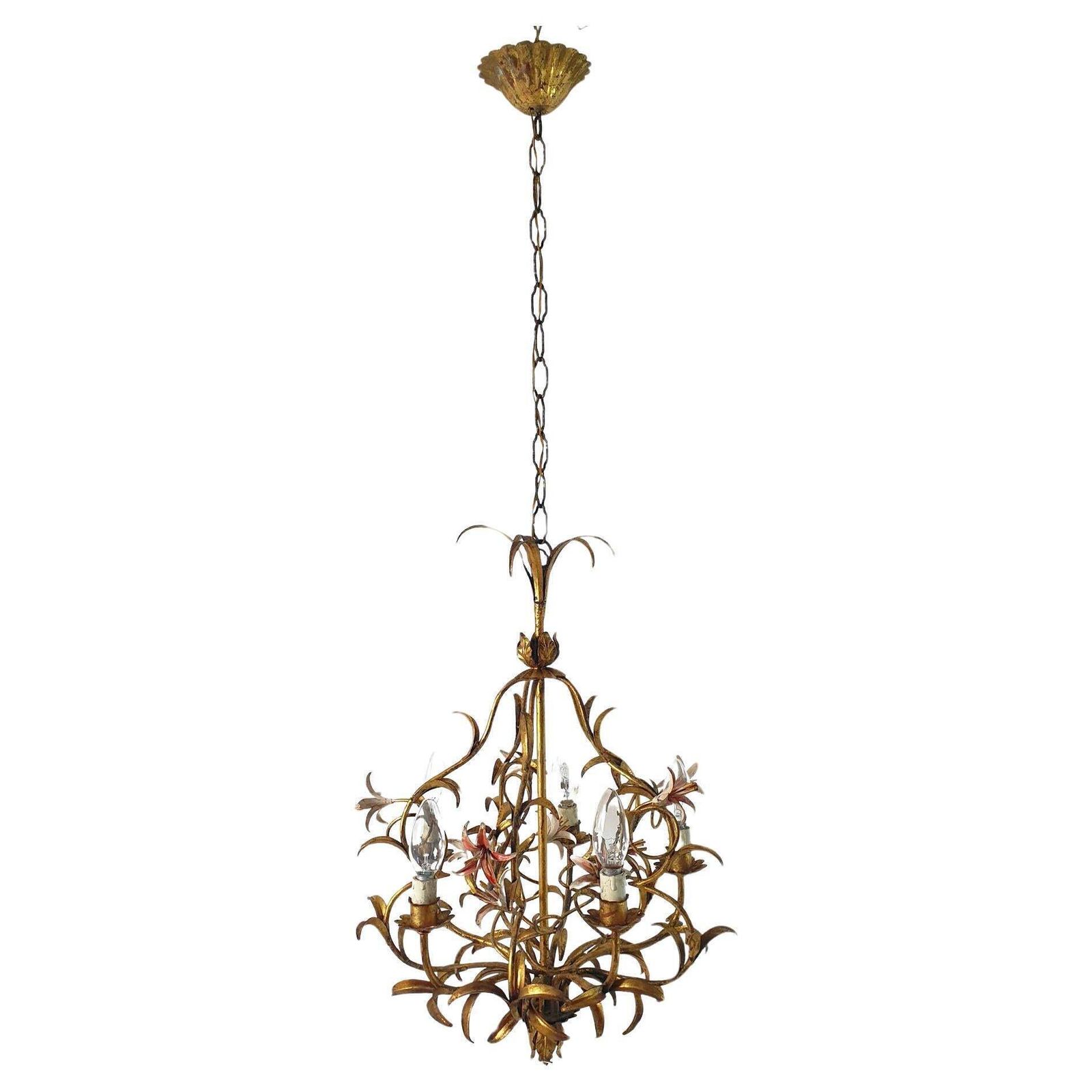Mid Century Italian Tole Chandelier, Iron With Floral Design, 1950s