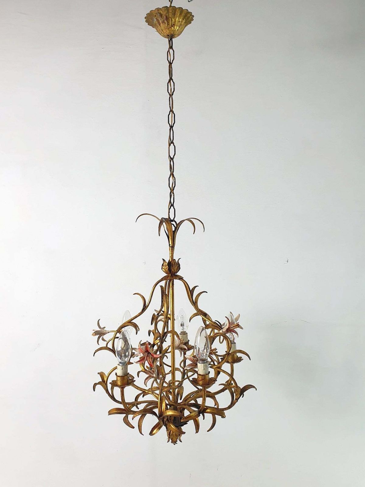 Mid Century Italian Tole Chandelier, Iron With Floral Design, 1950s photo furniture
