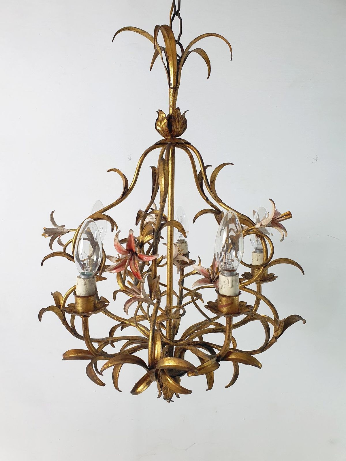 Mid Century Italian Tole Chandelier, Iron With Floral Design, 1950s photo for sale