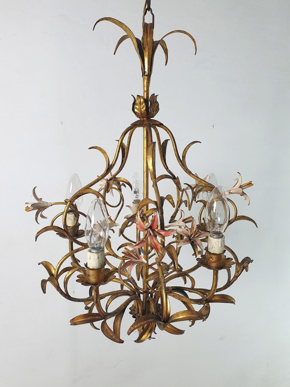 Mid Century Italian Tole Chandelier, Iron With Floral Design, 1950s photo Lighting