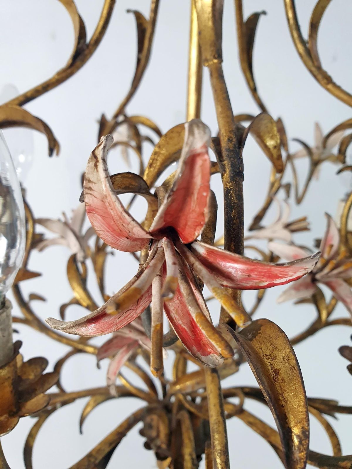 Mid Century Italian Tole Chandelier, Iron With Floral Design, 1950s photo vinterior