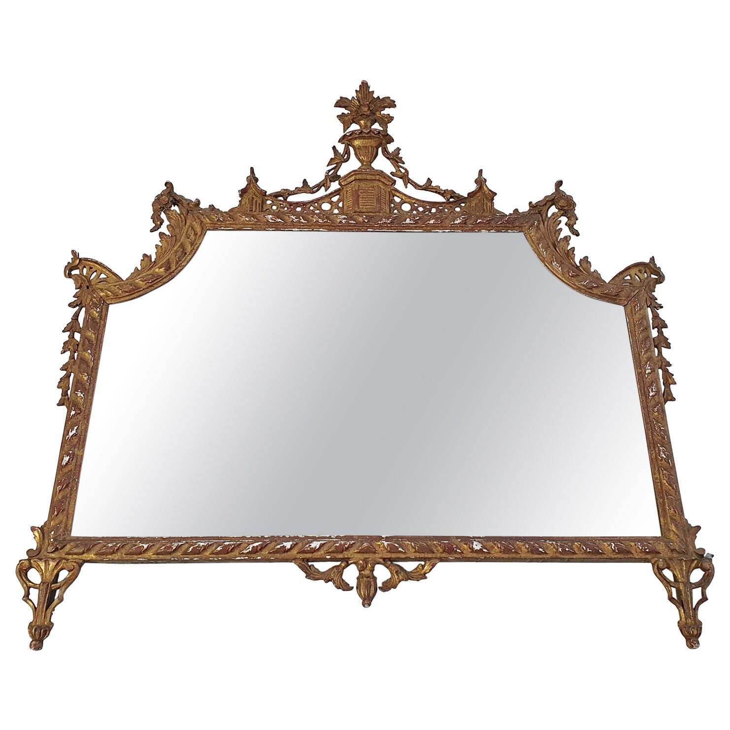 Italian Regency Overmantle Mirror, Hand Carved Wood & Stucco, 1930s