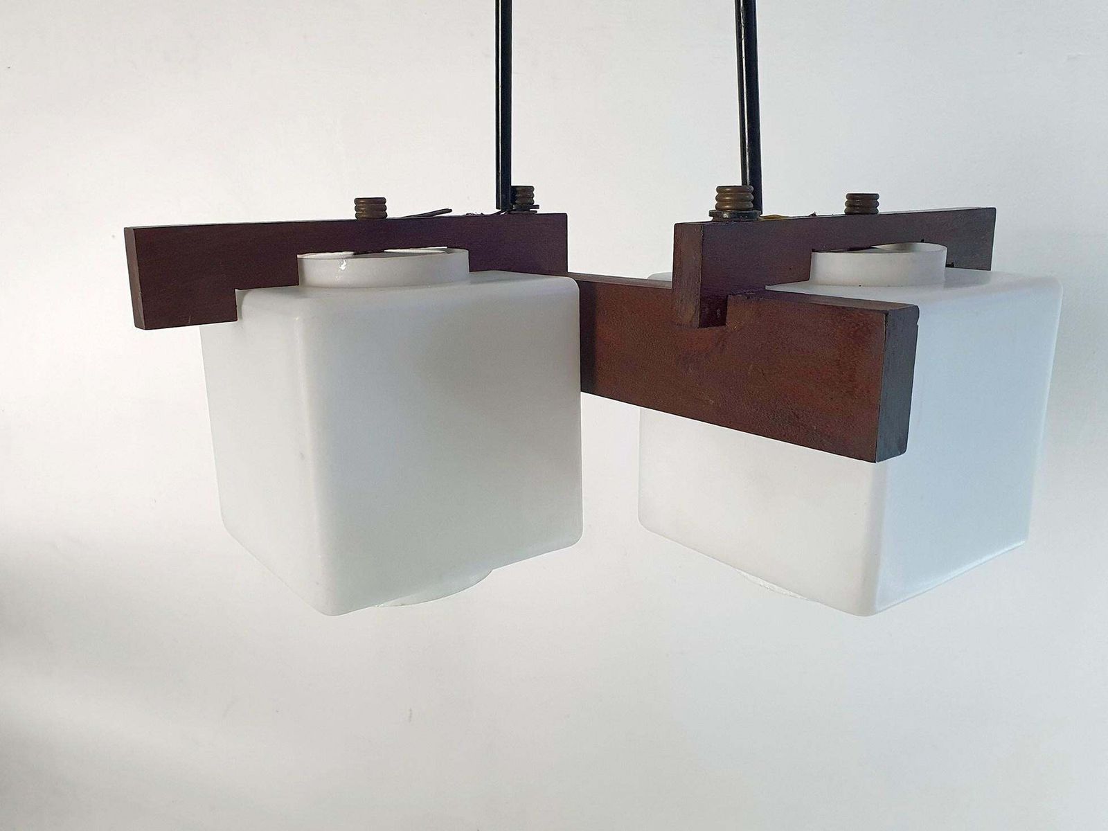 1960s Midcentury Italian Pendant Light With Teak & Opaline Glass photo vintage