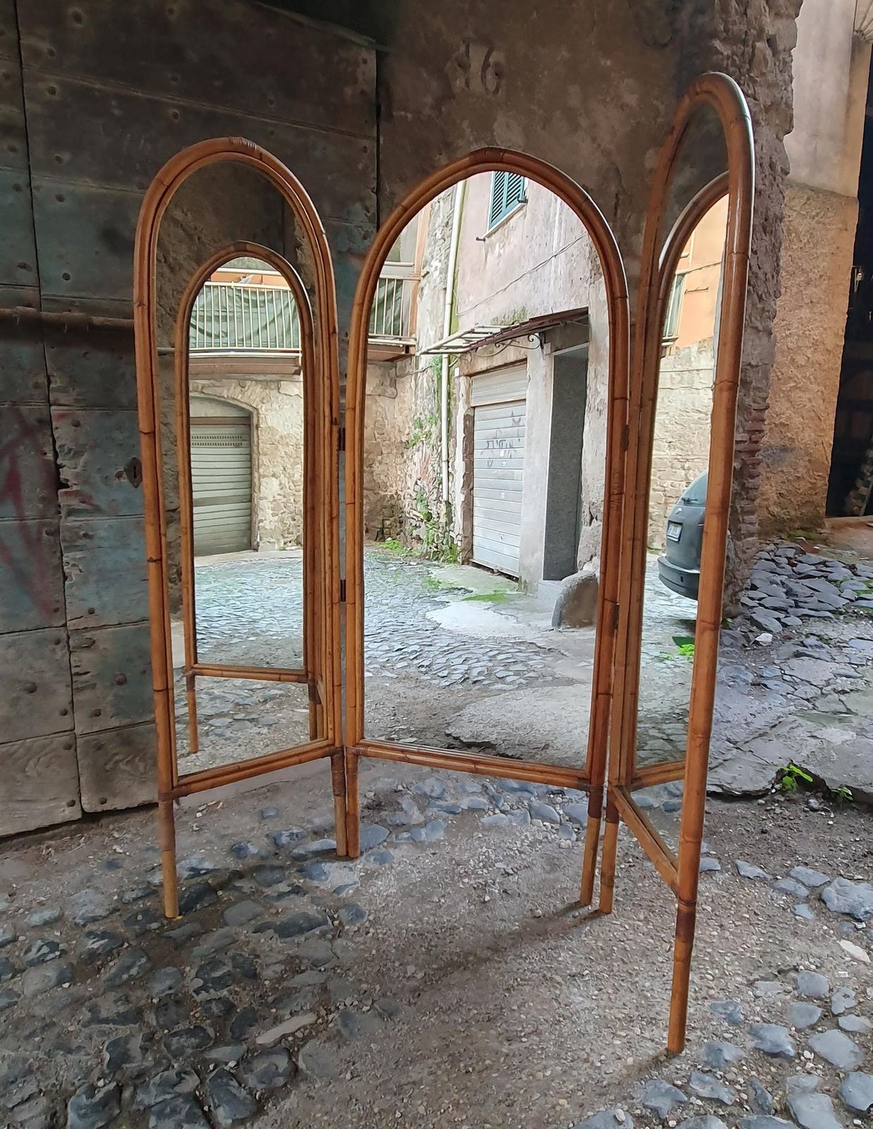 Italian Mid Century Modern Bamboo And Mirror Room Divider, 1960s photo furniture