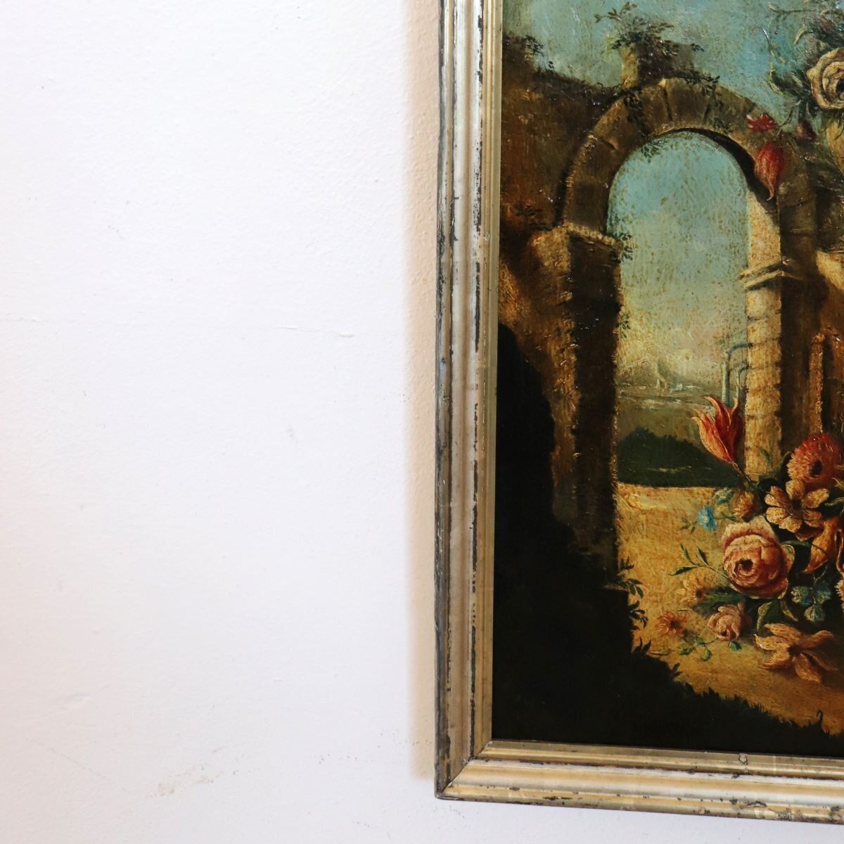 Still Life With Flowers, Fruits And Architectural Elements, 1800s, Oil Painting On Canvas, Framed photo vinterior