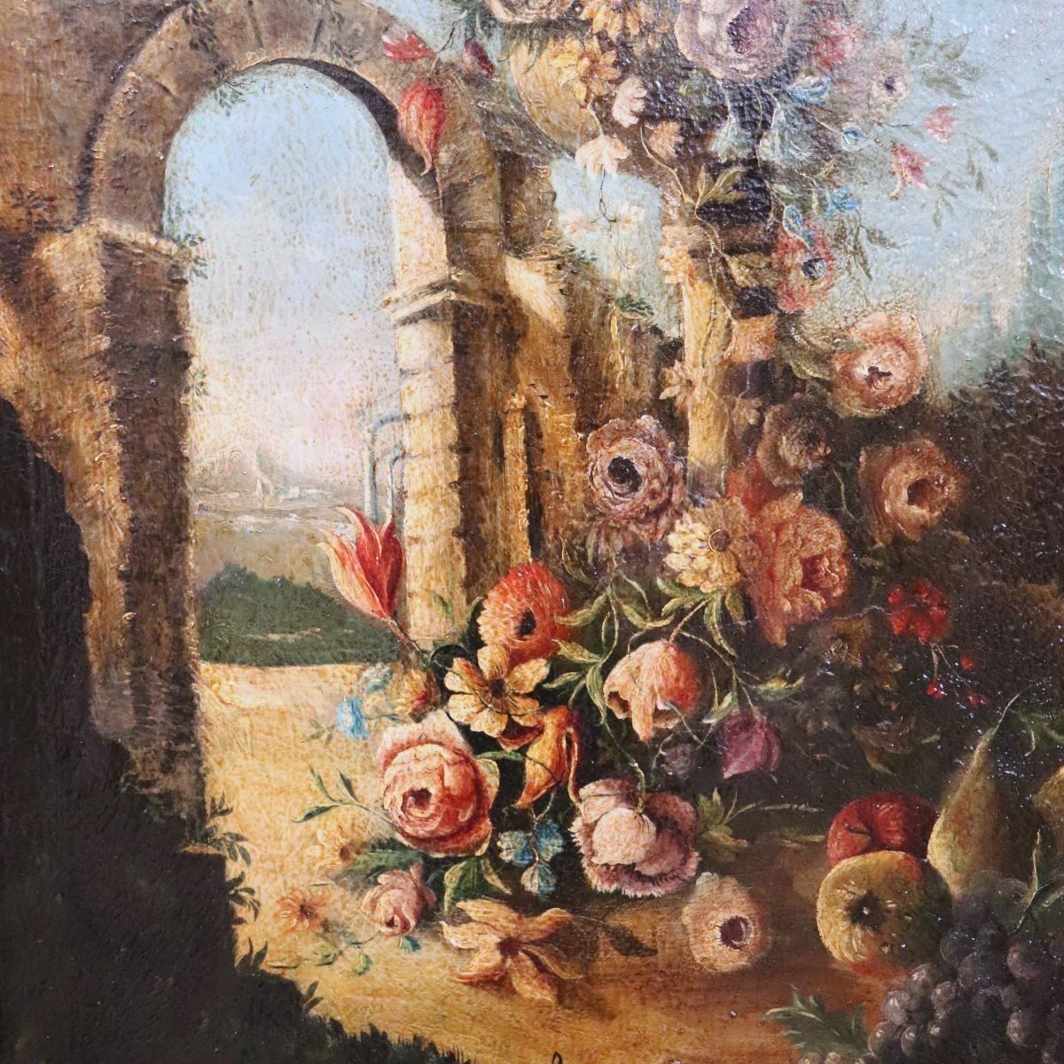 photo furniture Still Life With Flowers, Fruits And Architectural Elements, 1800s, Oil Painting On Canvas, Framed