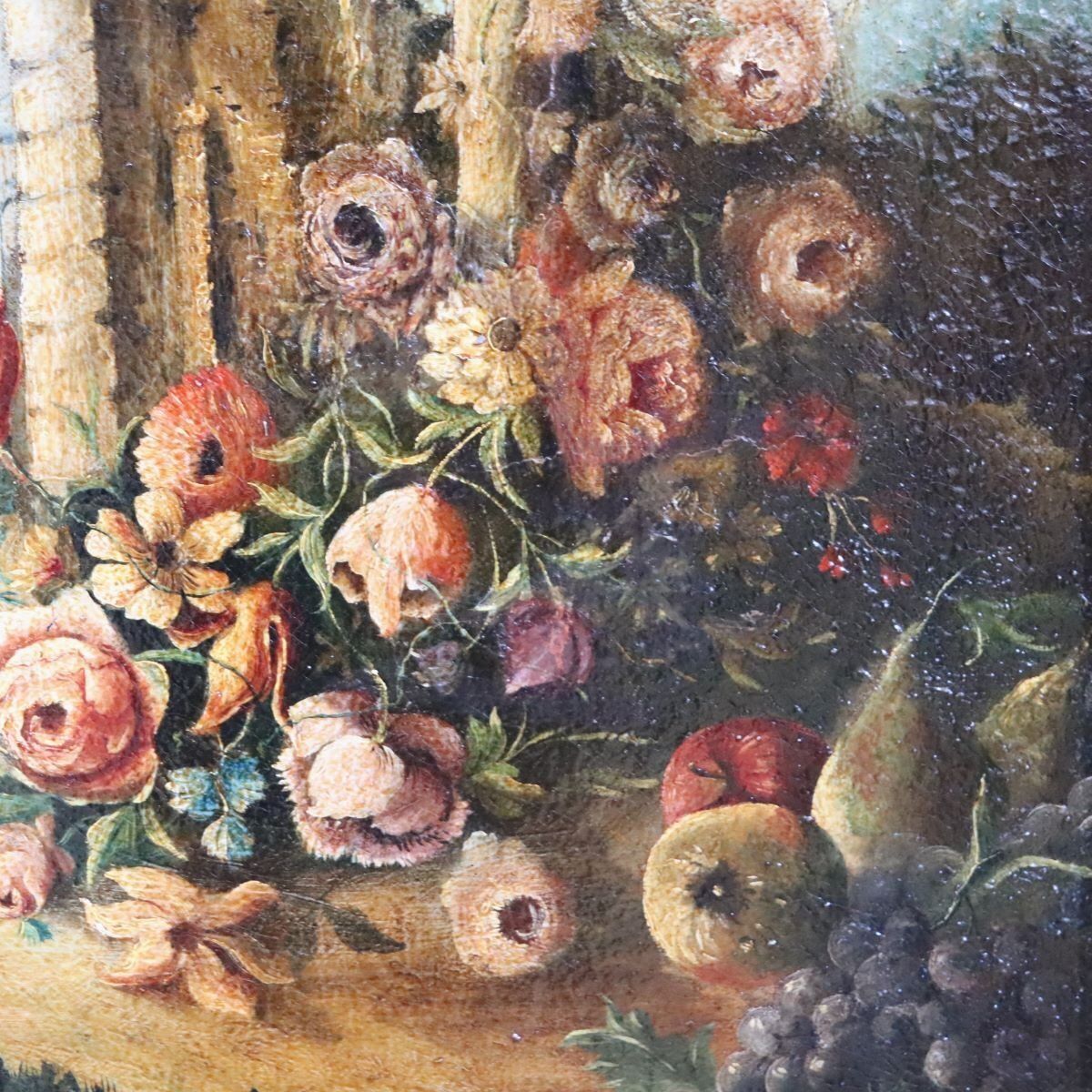 1470.0 Still Life With Flowers, Fruits And Architectural Elements, 1800s, Oil Painting On Canvas, Framed photo