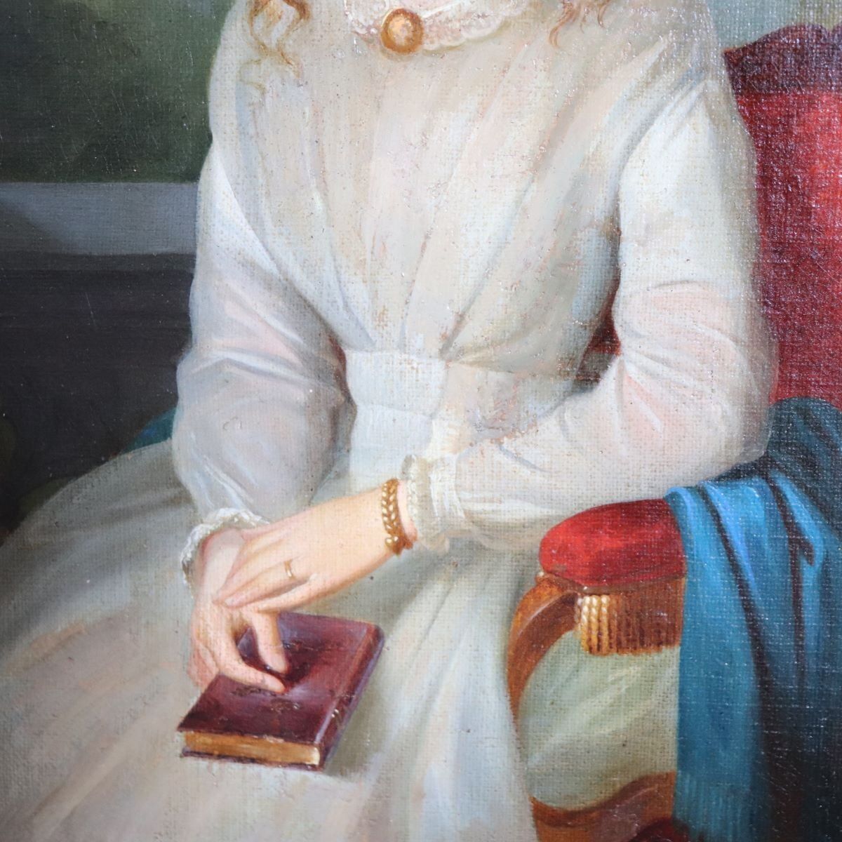 photo for sale Portrait Of A Young Woman With A Book, Oil Painting On Canvas, 19th Century, Framed