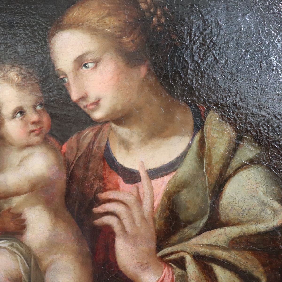 photo vintage Madonna With Child Jesus And The Infant Saint John The Baptist, 18th Century, Oil Painting On Canvas