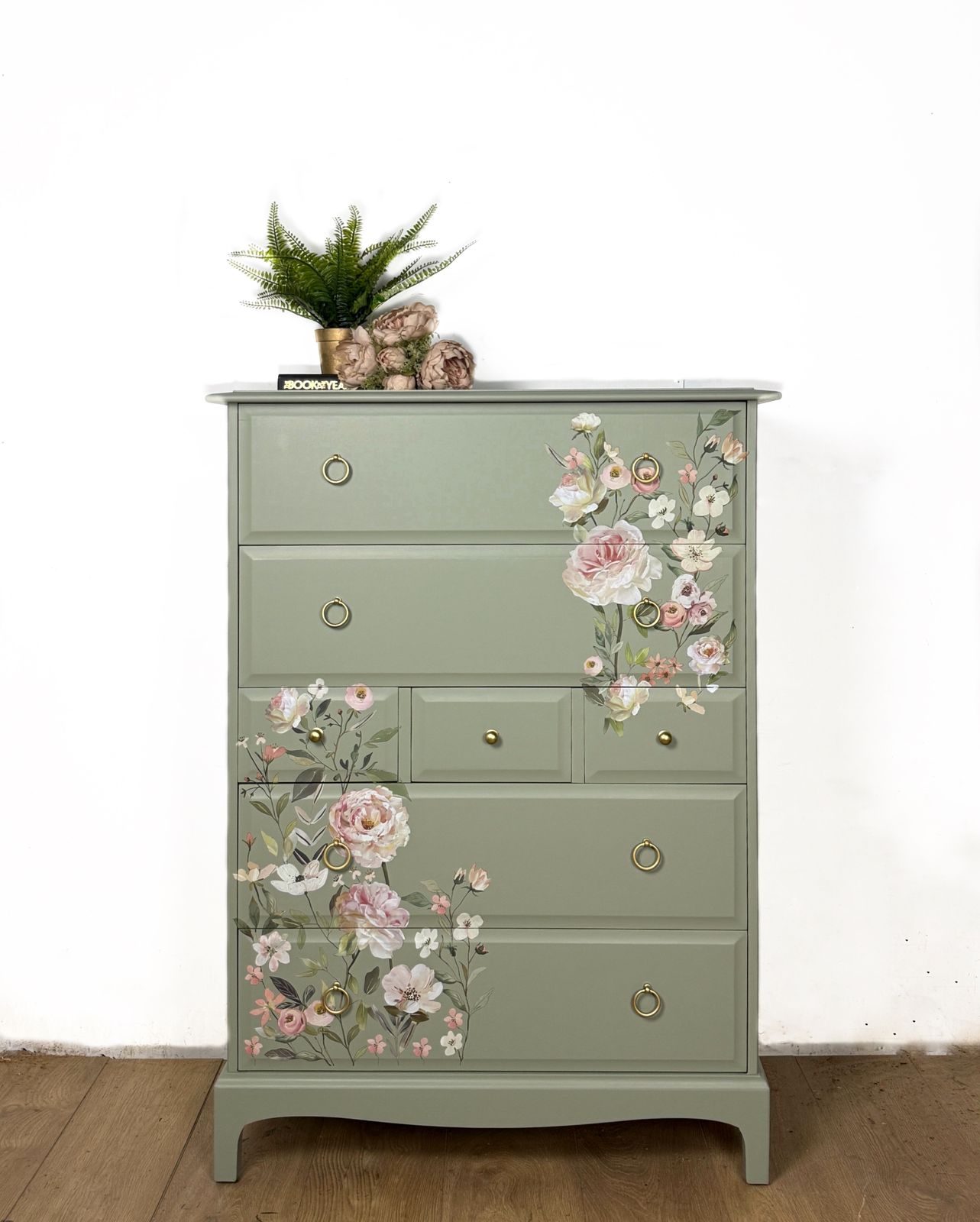 Refinished Vintage Stag Minstrel Tallboy Chest Of Drawers In Pale Green With Floral Design In Pink