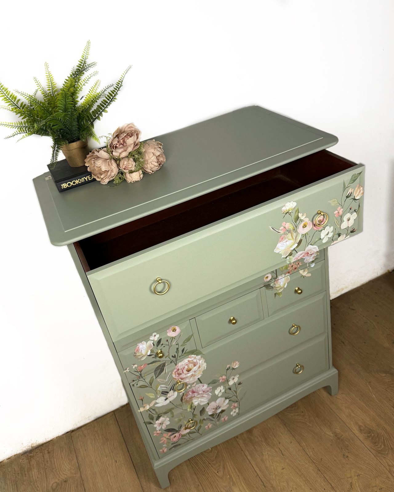 Refinished Vintage Stag Minstrel Tallboy Chest Of Drawers In Pale Green With Floral Design In Pink photo vinterior