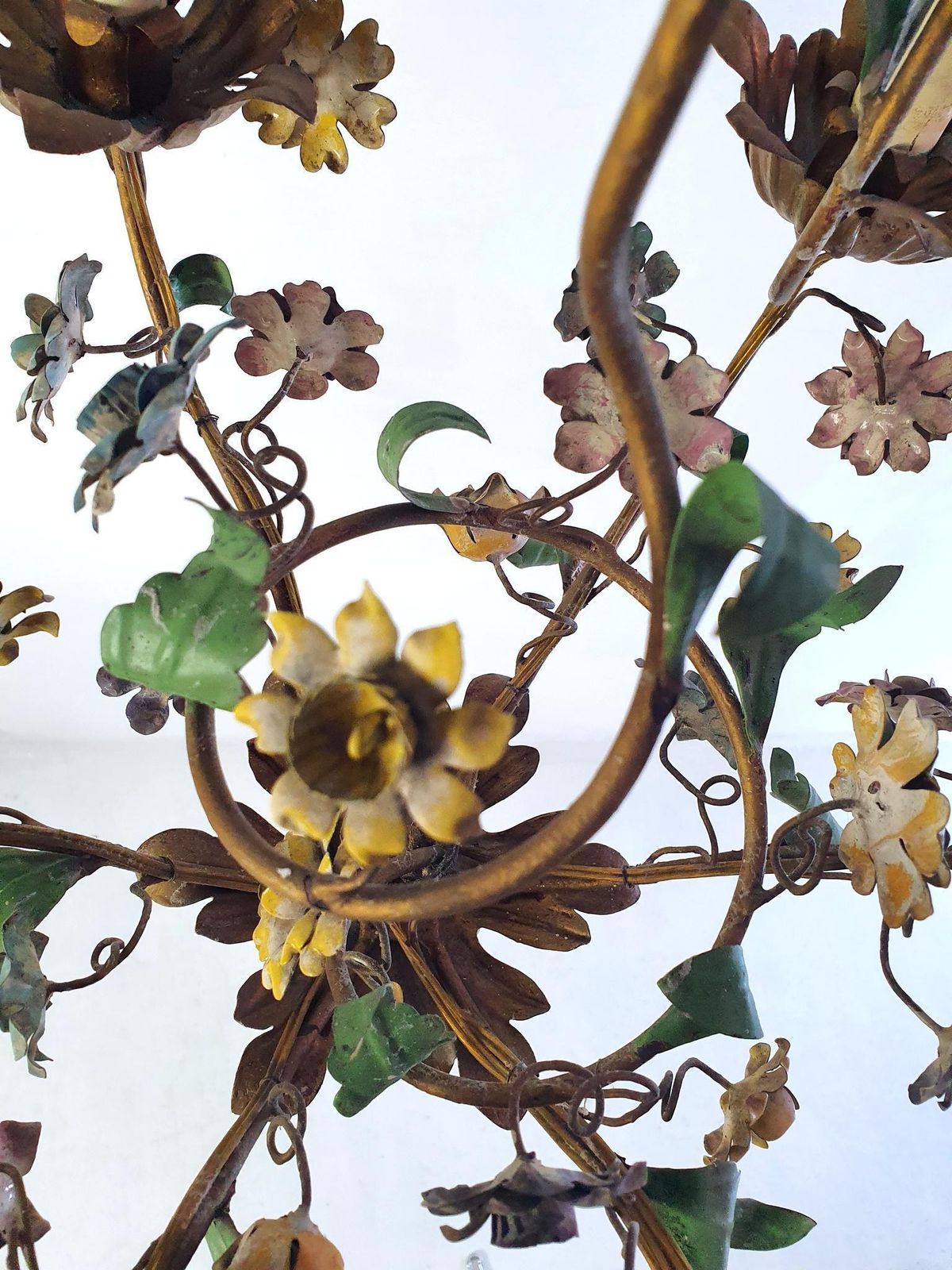 photo for sale Midcentury Italian Tole Chandelier, Iron With Floral Design, 1950s