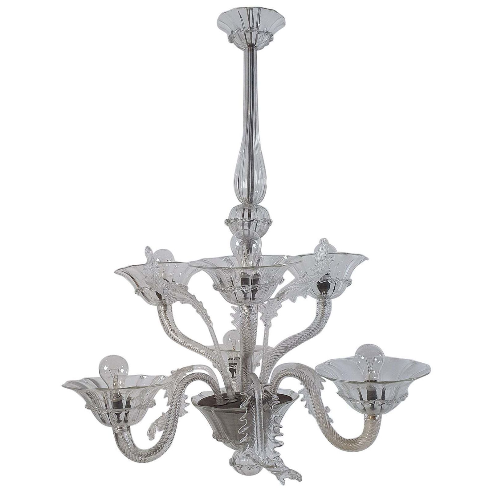 Murano Chandelier, Clear Glass, Rococo Style, Six Arms, Italy, 1950s