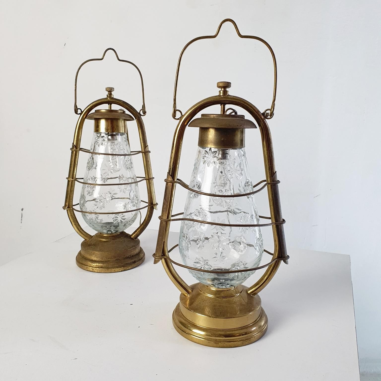 Mid Century Modern Italian Hurricane Lanterns, Brass & Glass, 1950s photo for sale