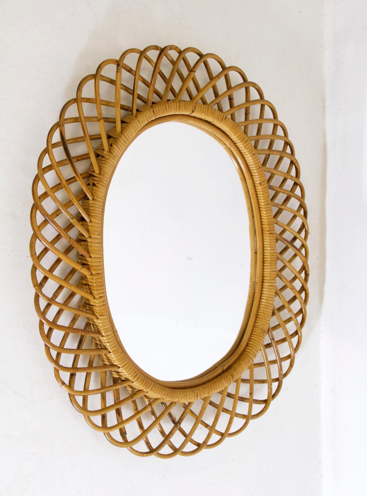 Midcentury Rattan Wall Mirror In Franco Albini Style, Italy, 1960 photo vinterior