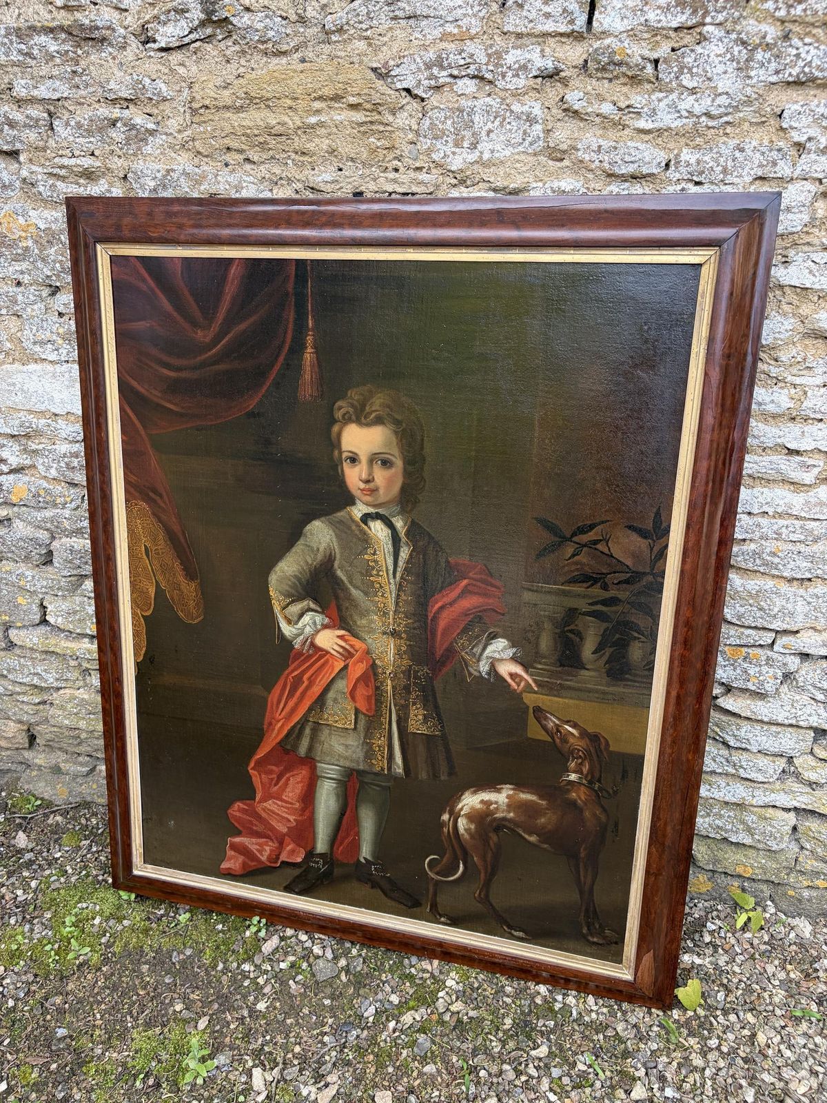 Art 18th Century Oil On Canvas Portrait Of Boy With Dog photo