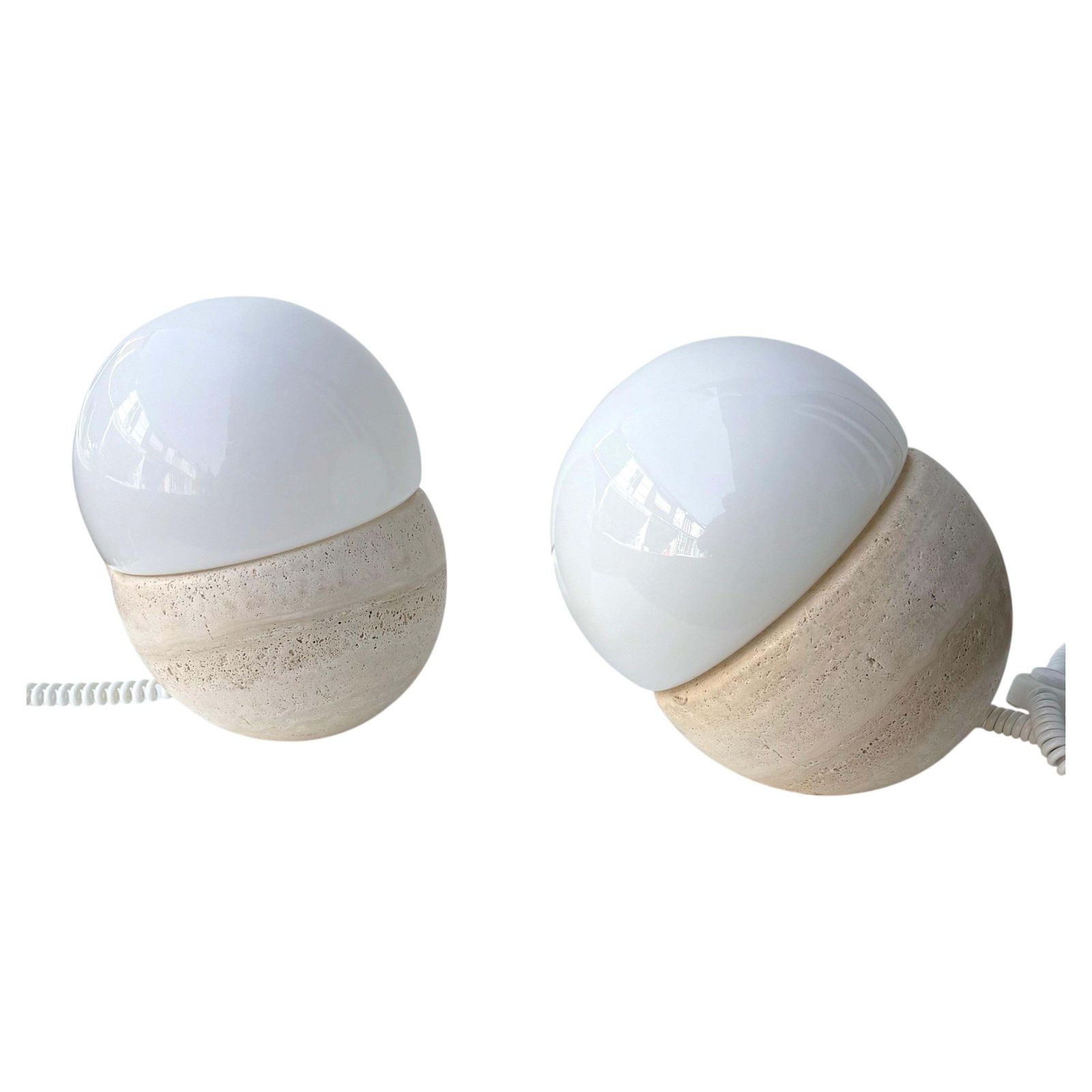 Pair Of Travertine And Opaline Glass Culbuto Lamps Italy, 1980s