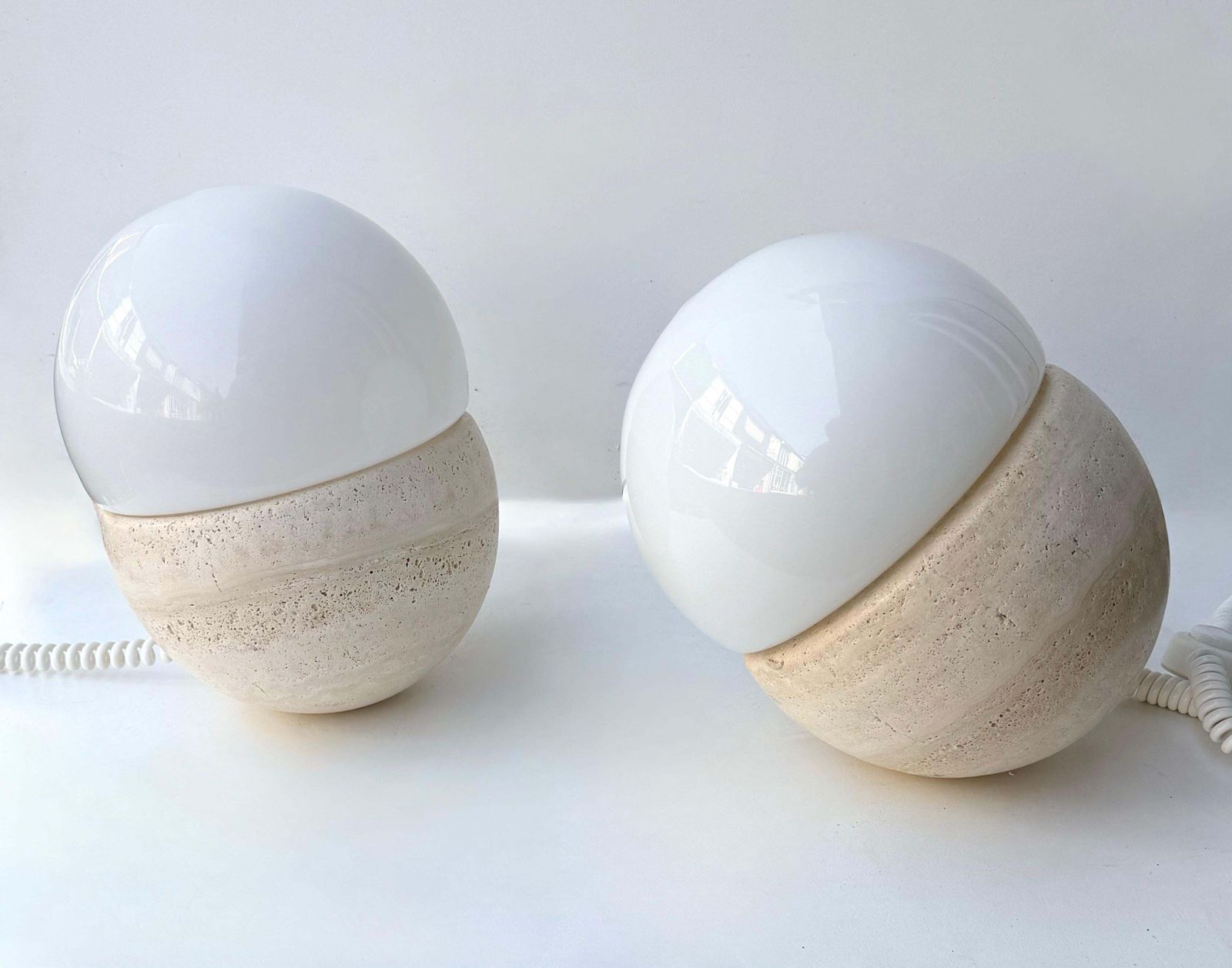 Pair Of Travertine And Opaline Glass Culbuto Lamps Italy, 1980s photo Lighting