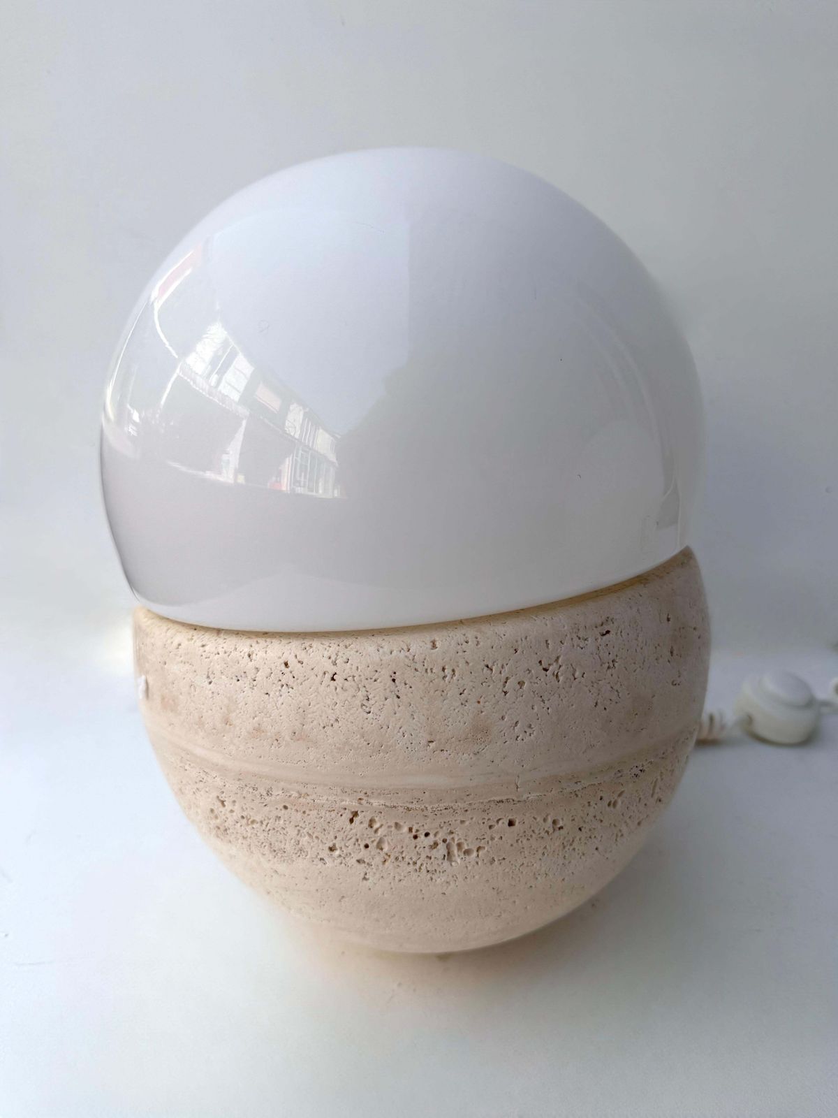 Pair Of Travertine And Opaline Glass Culbuto Lamps Italy, 1980s photo vintage