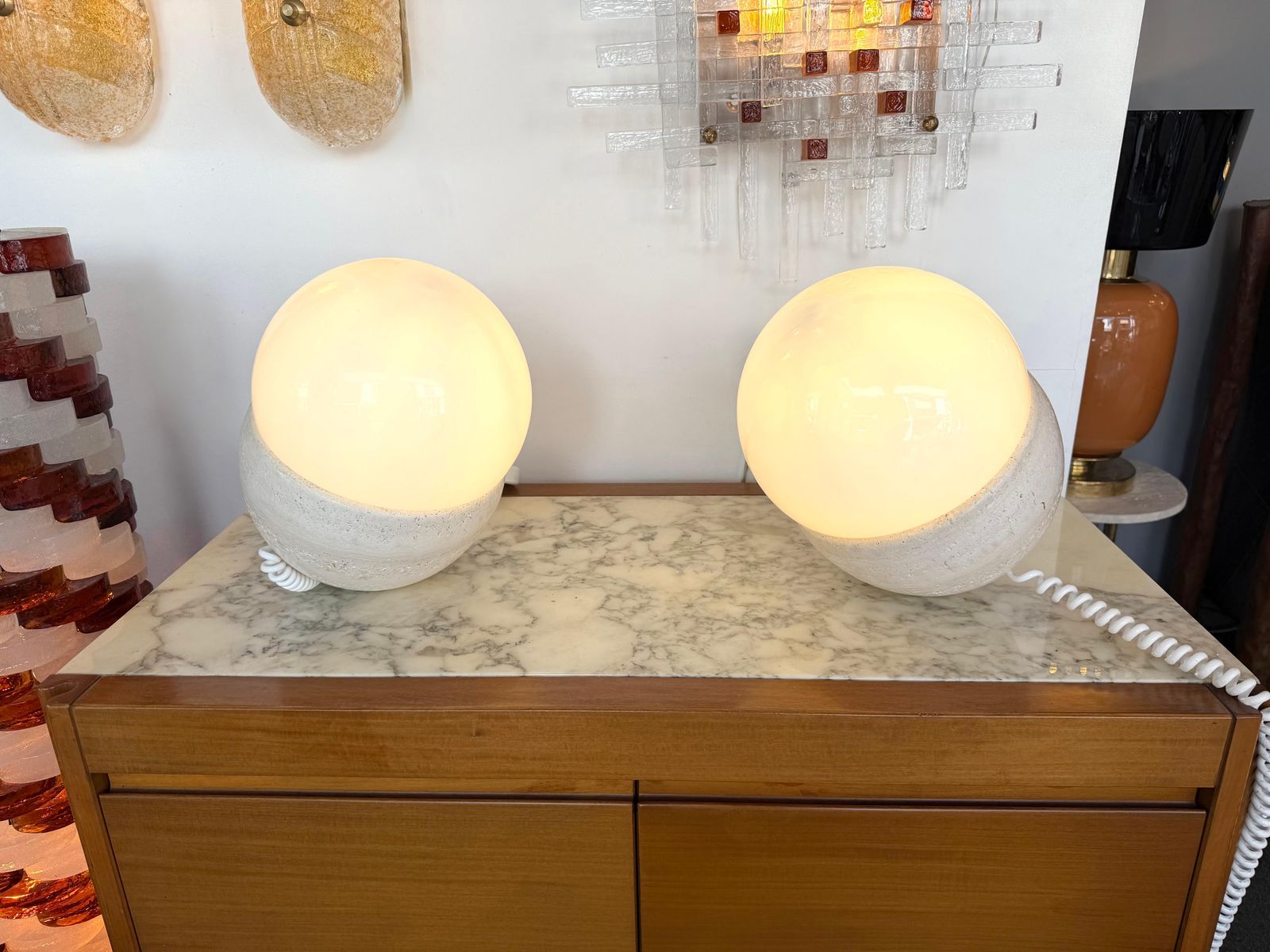 Lighting Pair Of Travertine And Opaline Glass Culbuto Lamps Italy, 1980s photo