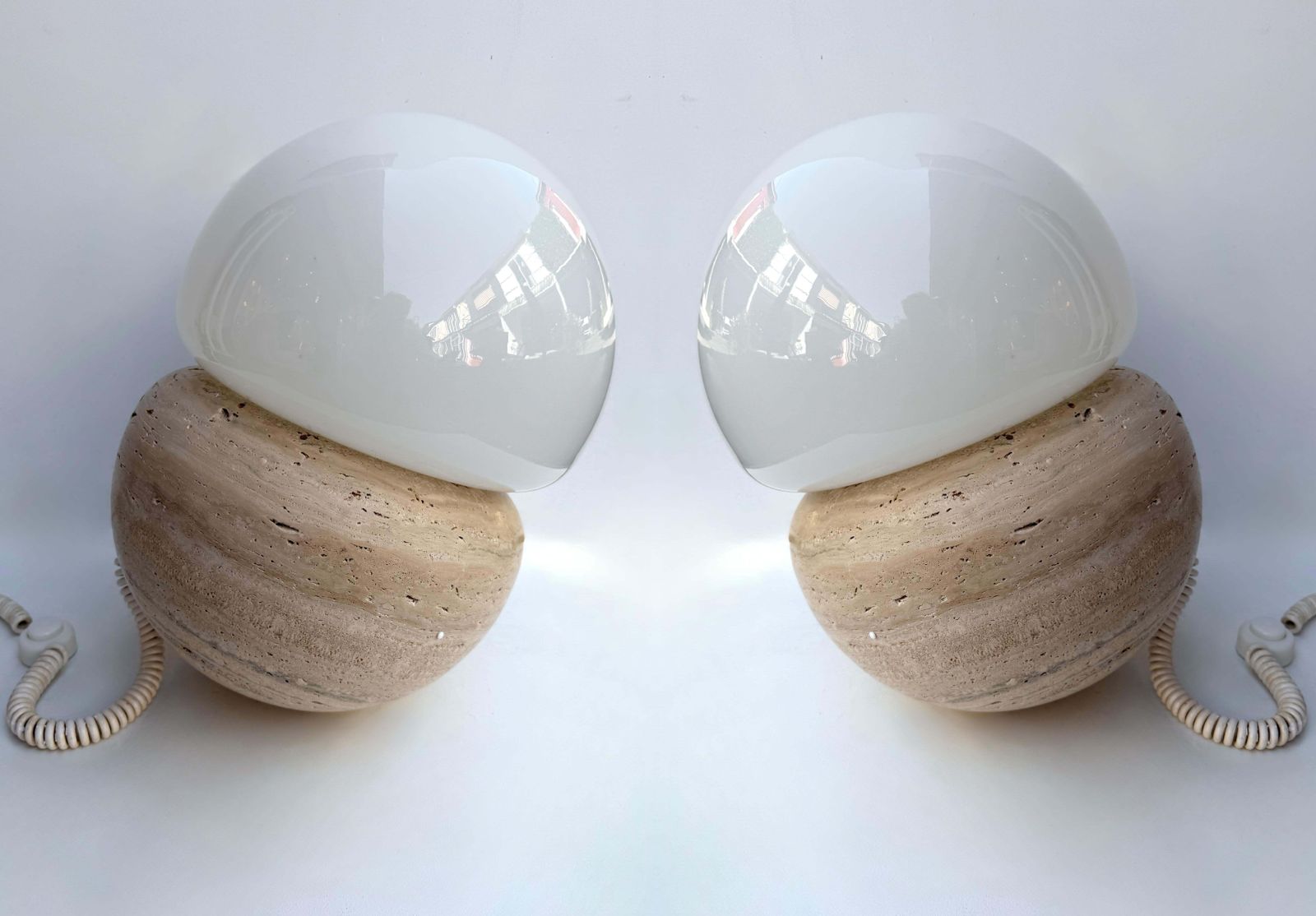 photo furniture Pair Of Travertine And Opaline Glass Culbuto Lamps Italy, 1980s