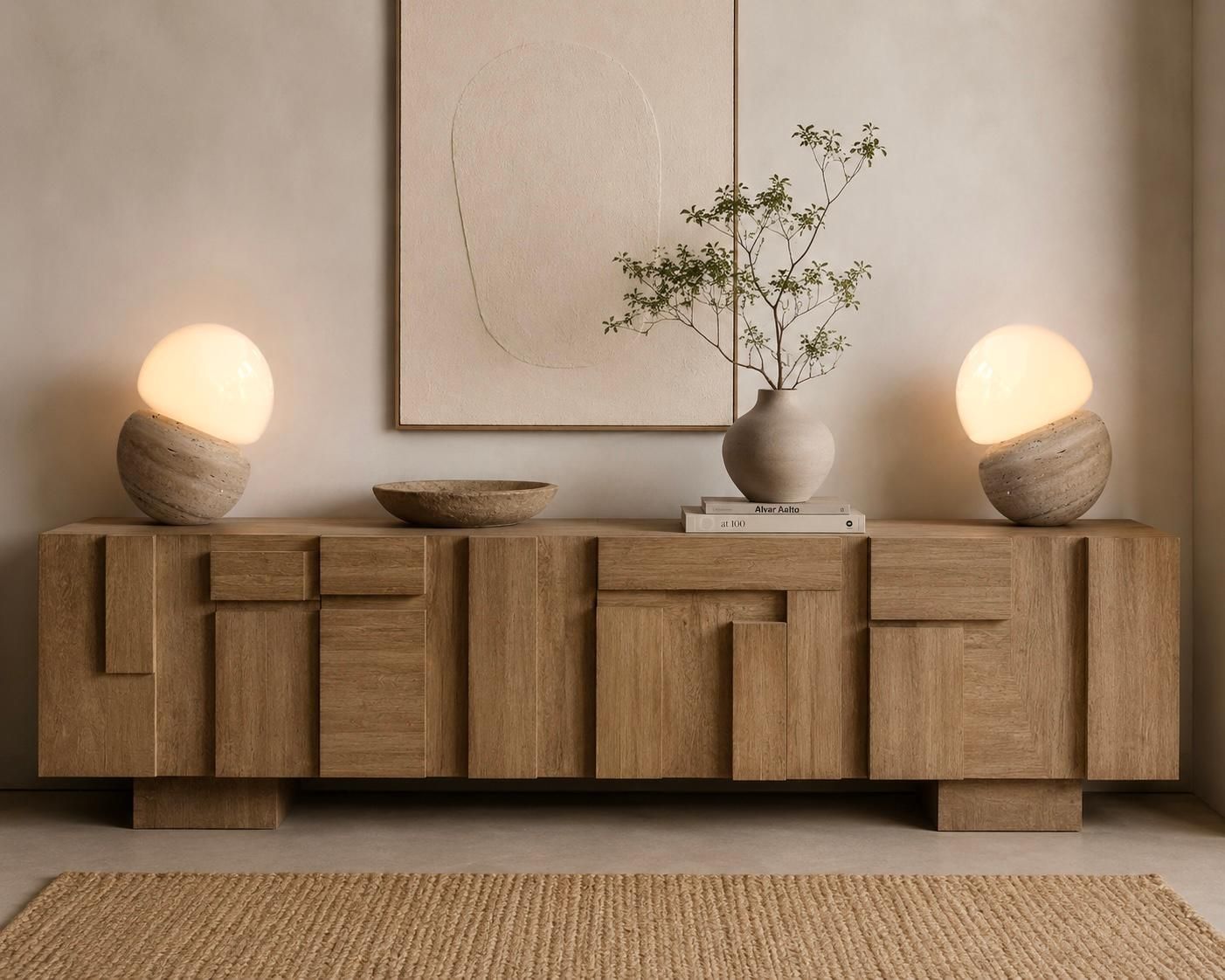 5620.0 Pair Of Travertine And Opaline Glass Culbuto Lamps Italy, 1980s photo