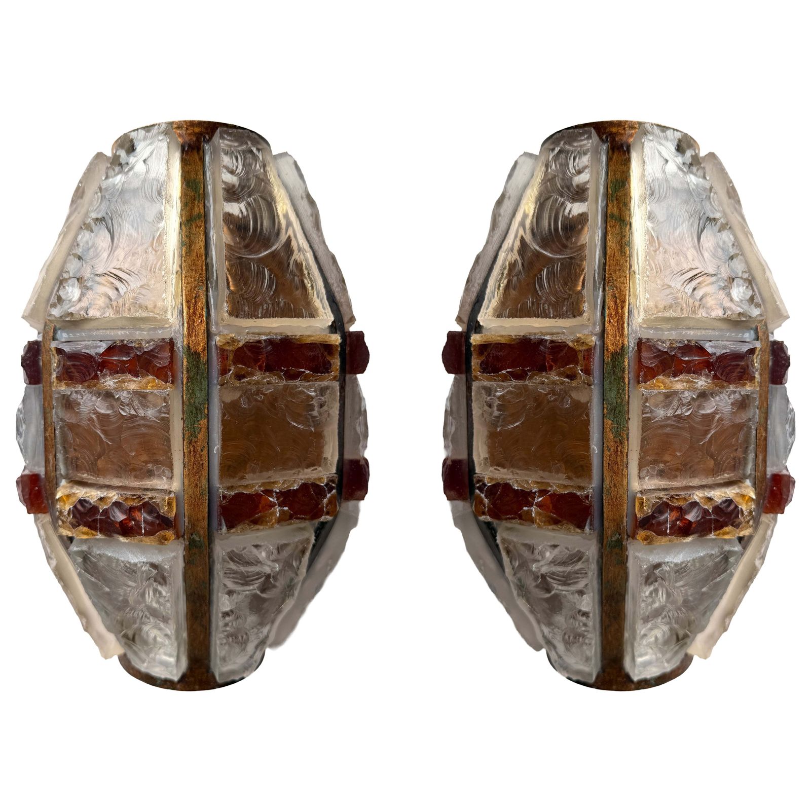 Pair Of Hammered Glass Wrought Iron Sconces By Longobard, Italy, 1970s