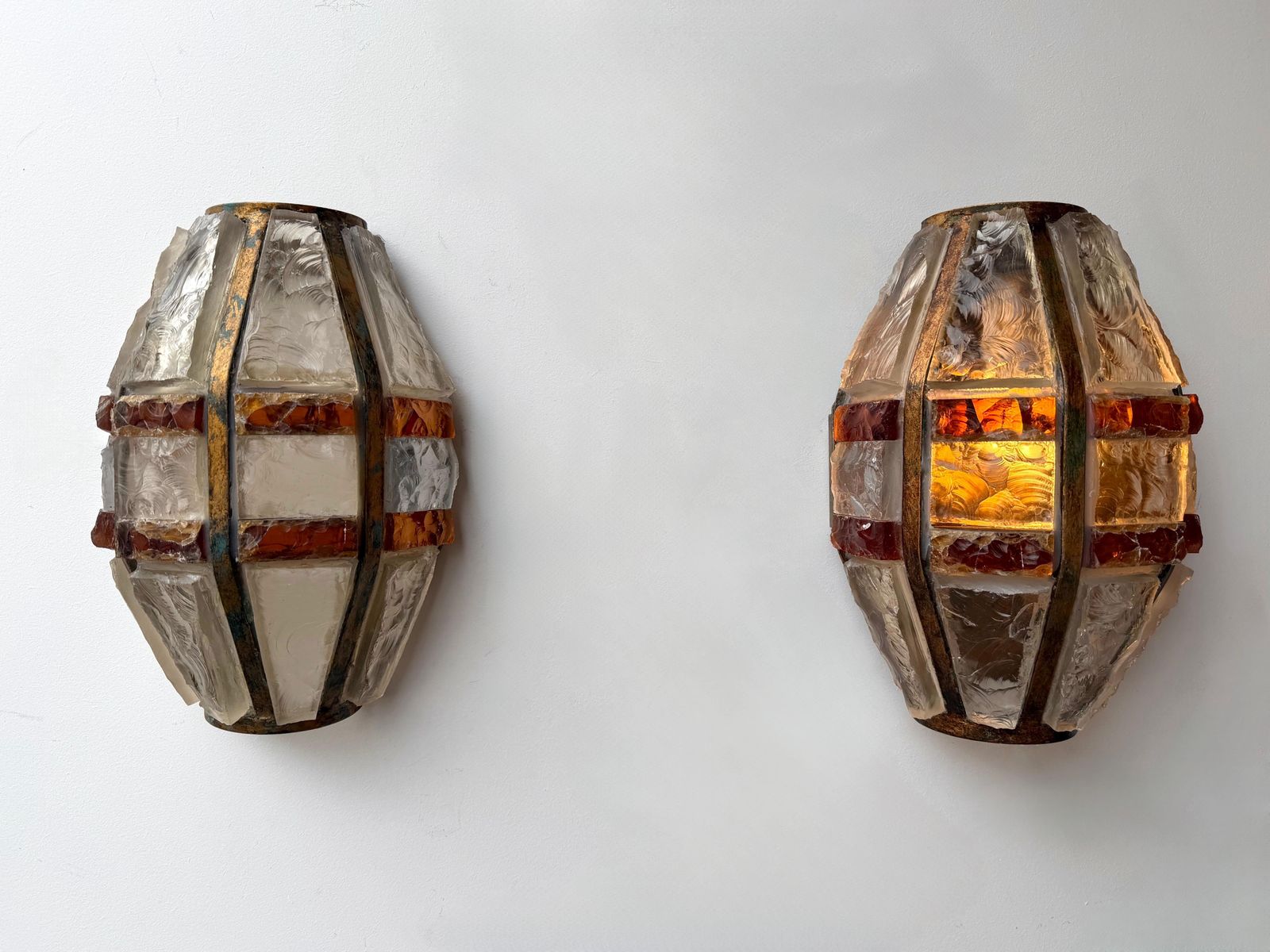 Pair Of Hammered Glass Wrought Iron Sconces By Longobard, Italy, 1970s photo 4237.0