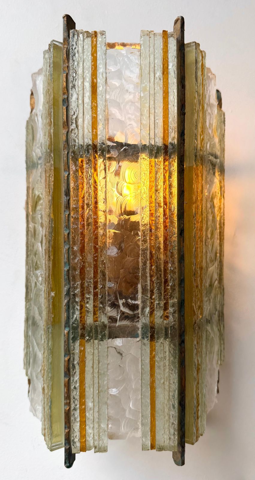 Pair Of Hammered Glass Wrought Iron Sconces By Longobard, Italy, 1970s photo furniture