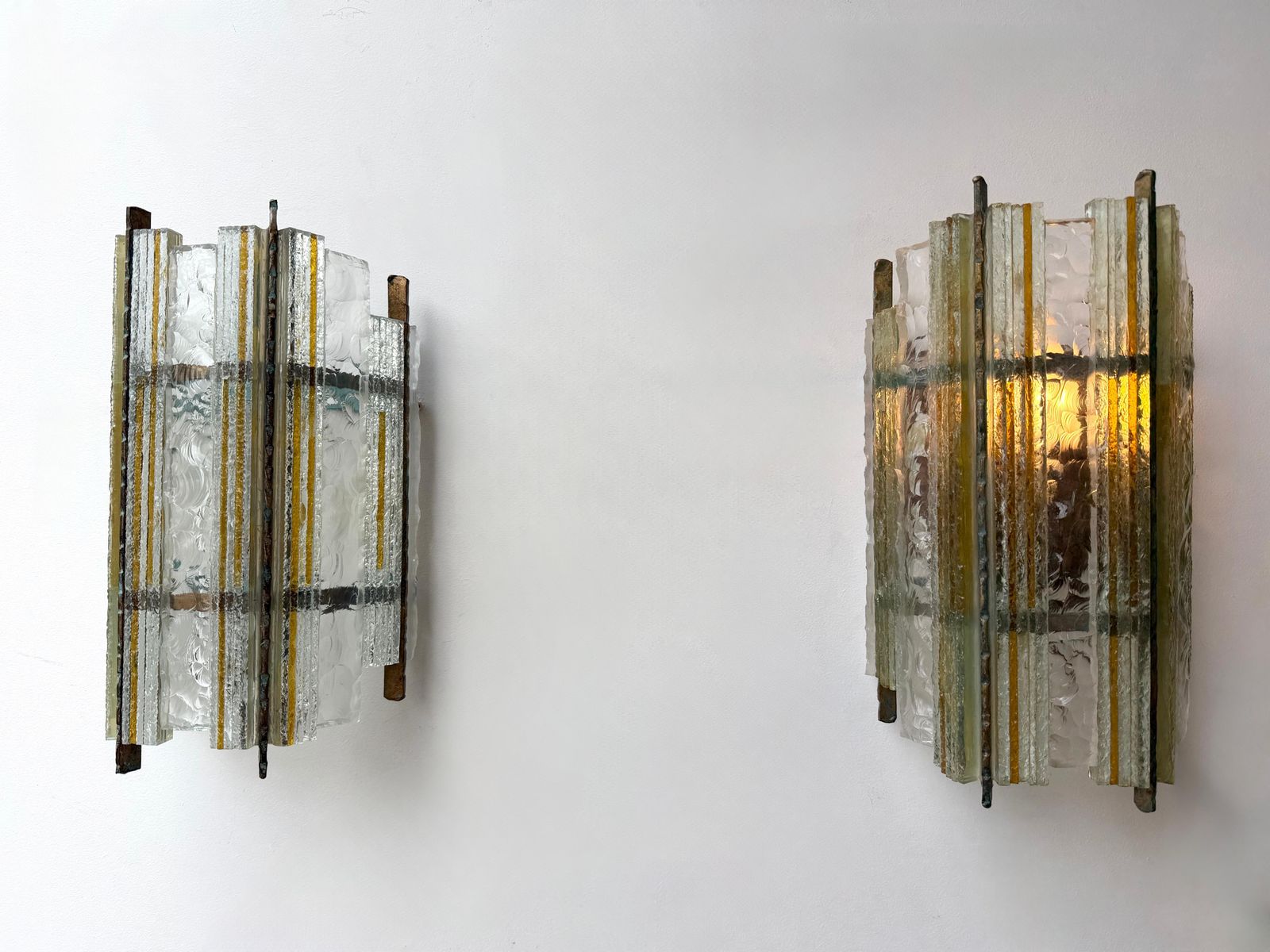 Pair Of Hammered Glass Wrought Iron Sconces By Longobard, Italy, 1970s photo for sale