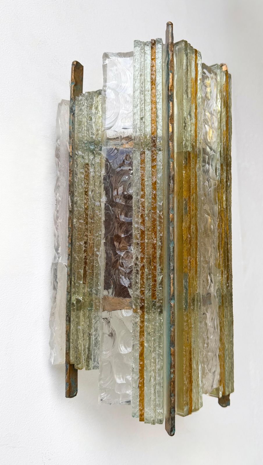 Pair Of Hammered Glass Wrought Iron Sconces By Longobard, Italy, 1970s photo buy