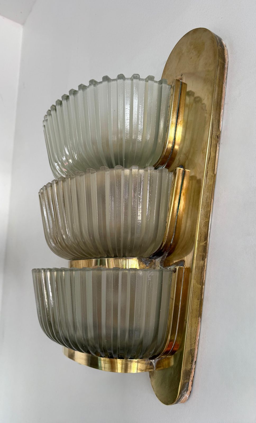 Pair Of Sconces Brass And Glass By Seguso. Italy, 1940s photo vintage