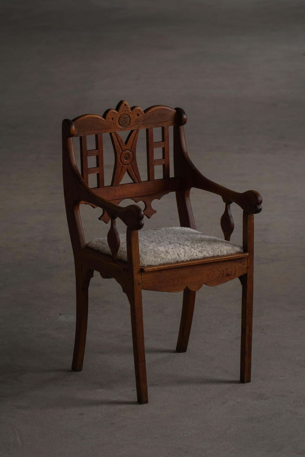 Danish Folk Art Armchair In Oak & Lambswool Seat, Early 20th Century, 1930s photo for sale