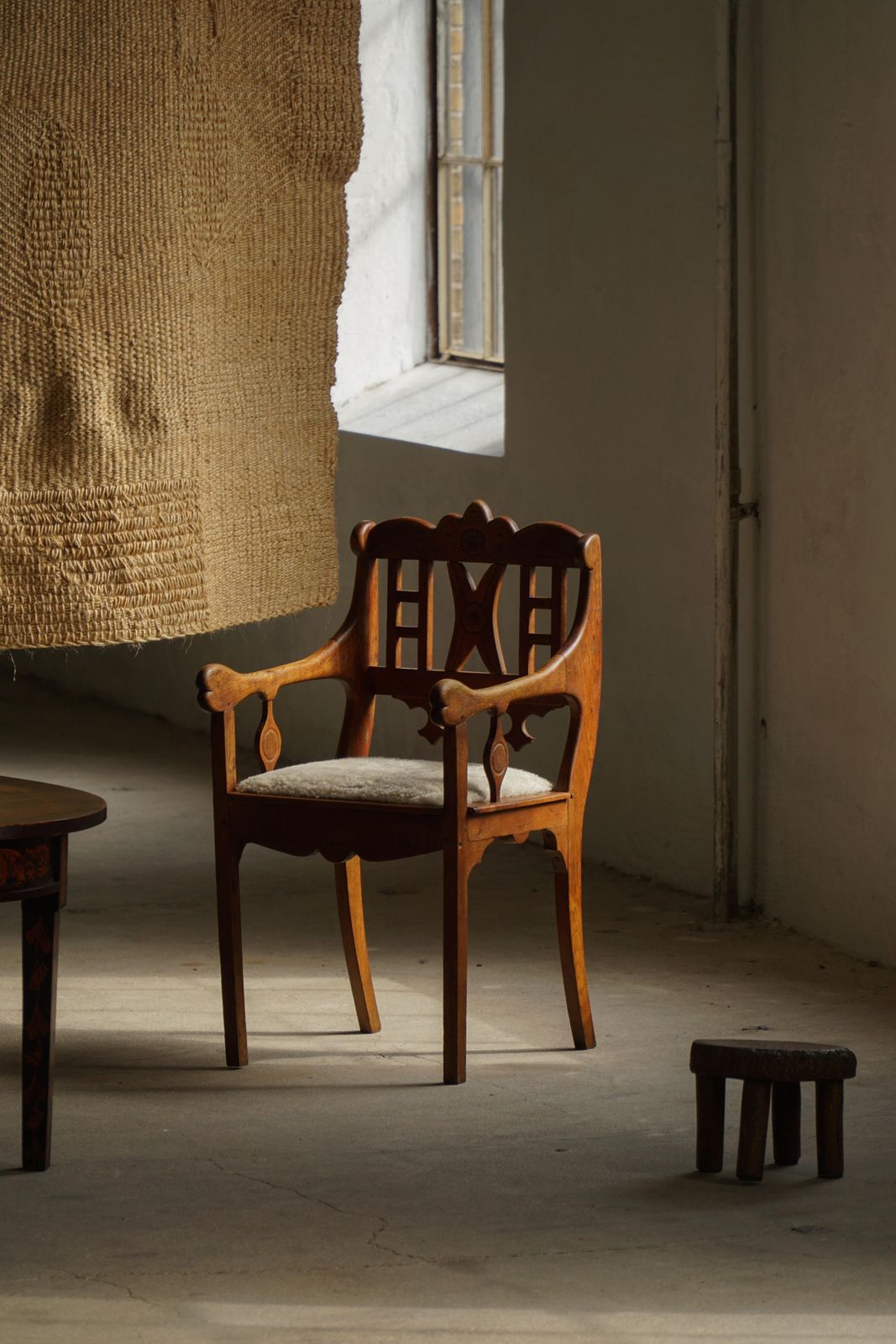 photo furniture Danish Folk Art Armchair In Oak & Lambswool Seat, Early 20th Century, 1930s