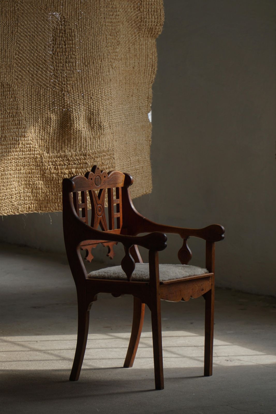 Furniture Danish Folk Art Armchair In Oak & Lambswool Seat, Early 20th Century, 1930s photo