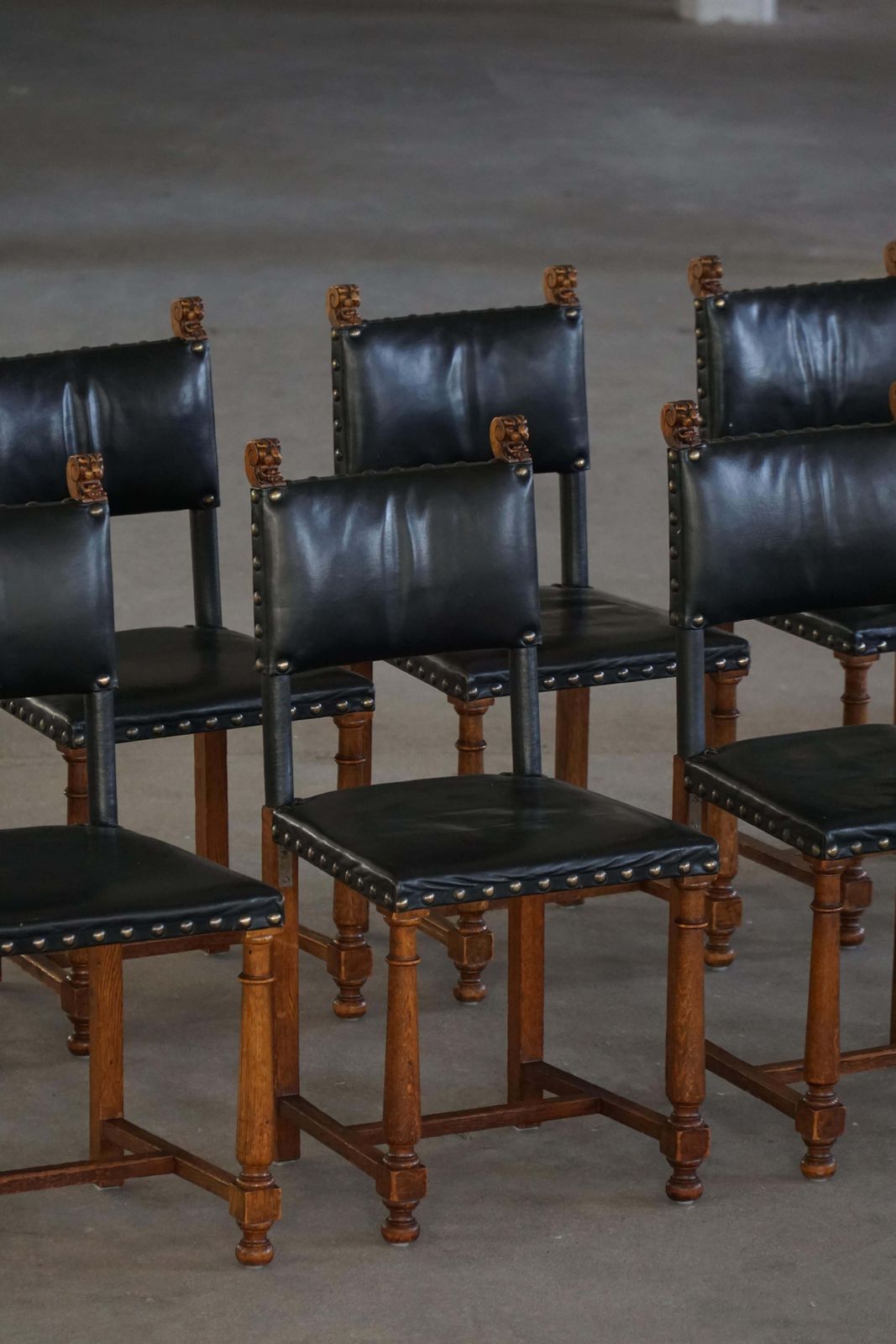 Set Of 8 Swedish Grace Dining Chairs, Leather & Carved Wood, Early 20th Century photo furniture