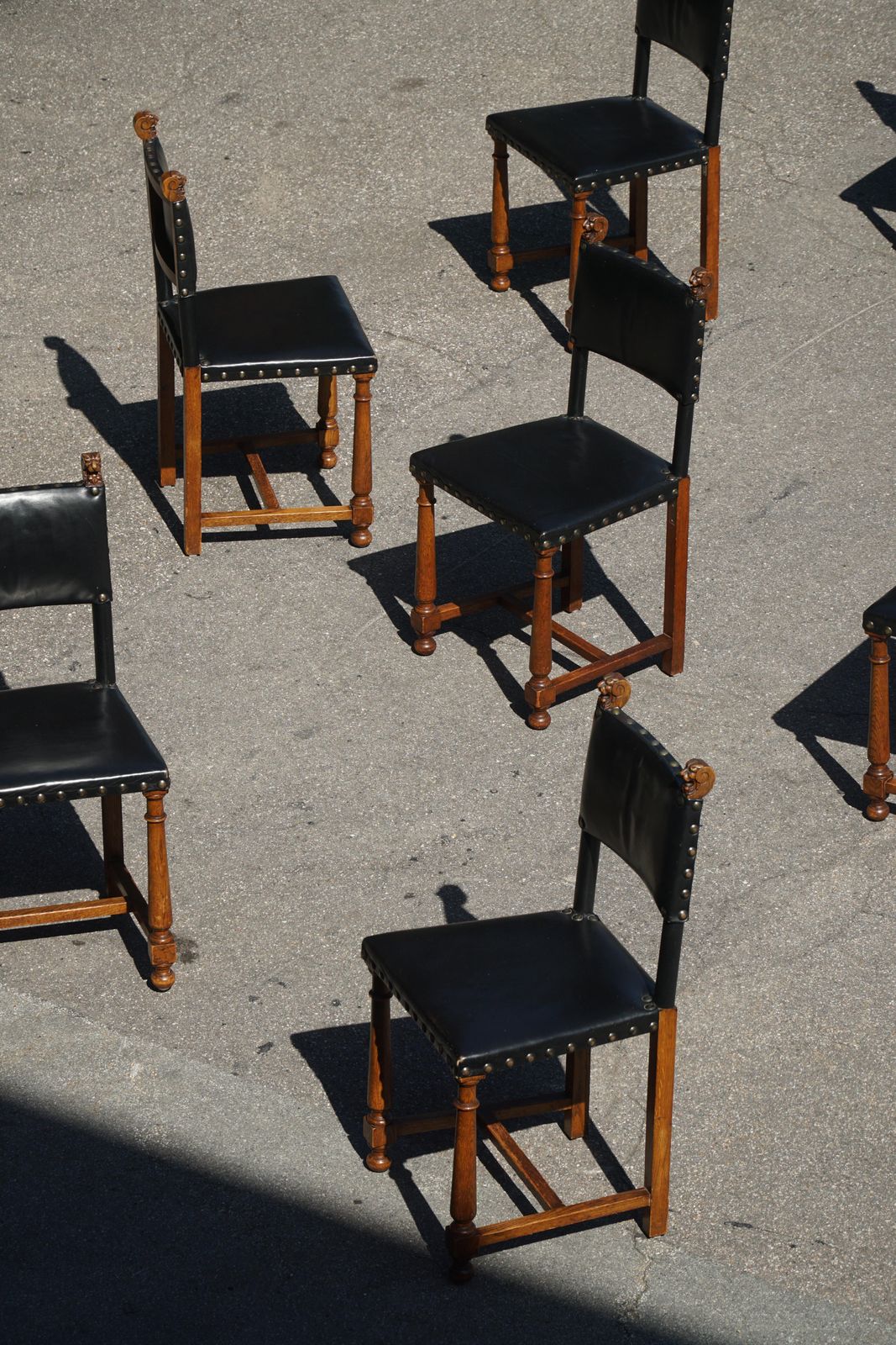 Set Of 8 Swedish Grace Dining Chairs, Leather & Carved Wood, Early 20th Century photo for sale