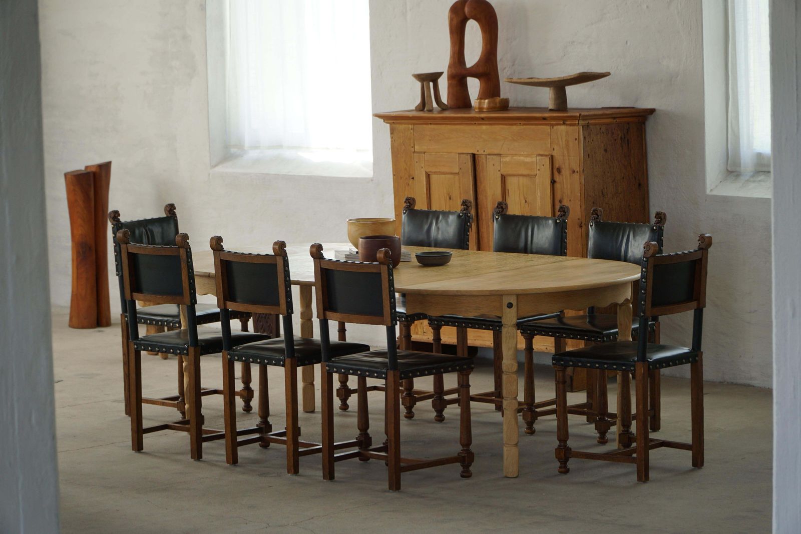 Set Of 8 Swedish Grace Dining Chairs, Leather & Carved Wood, Early 20th Century photo 5913.0