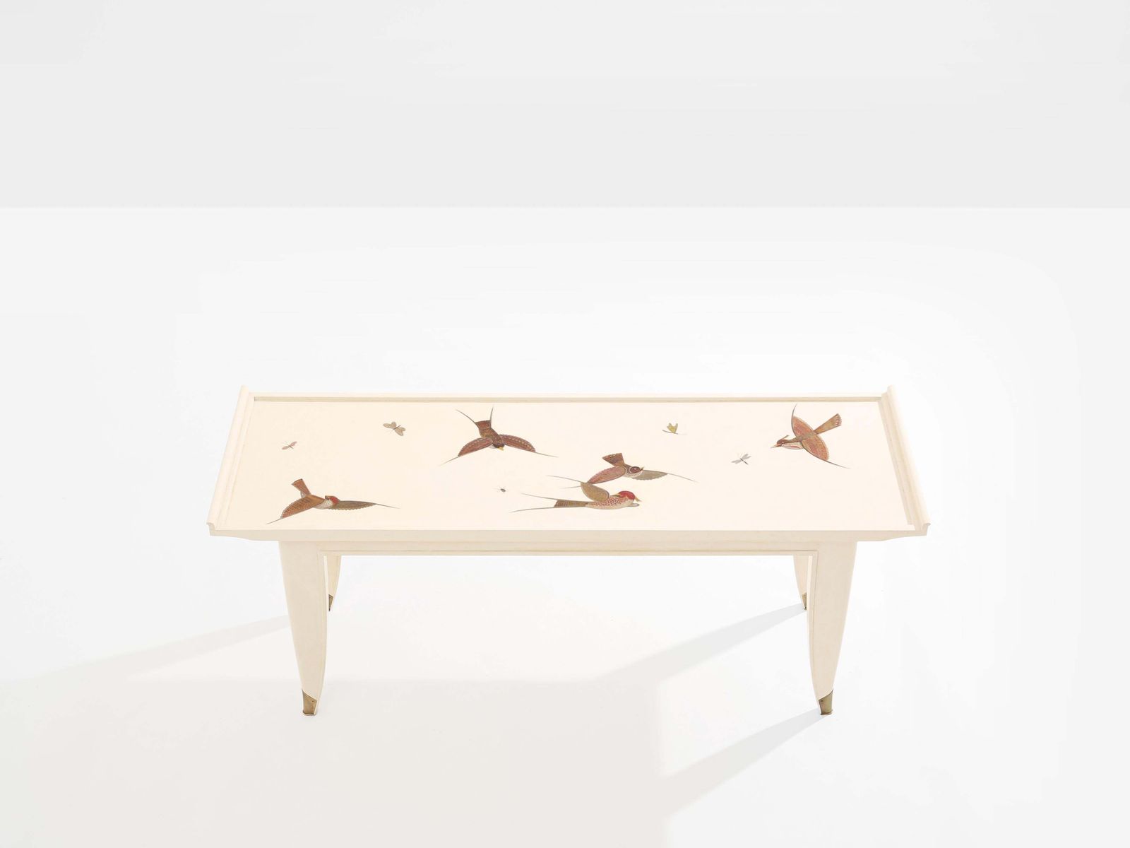 Maurice Jallot Coffee Table Oak Wood Painted Carved Birds 1930 photo furniture