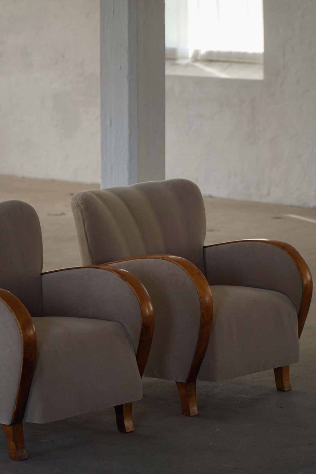 Pair Of Danish Modern Art Deco Lounge Chairs, Reupholstered, Mohair & Elm, 1940s photo Furniture