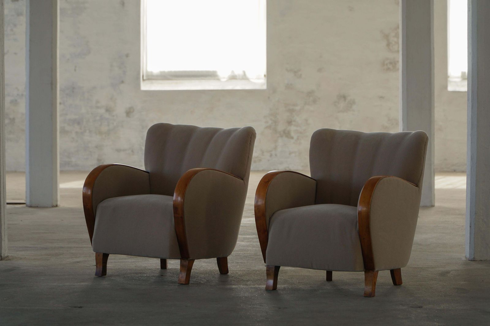 Pair Of Danish Modern Art Deco Lounge Chairs, Reupholstered, Mohair & Elm, 1940s photo 5746.0