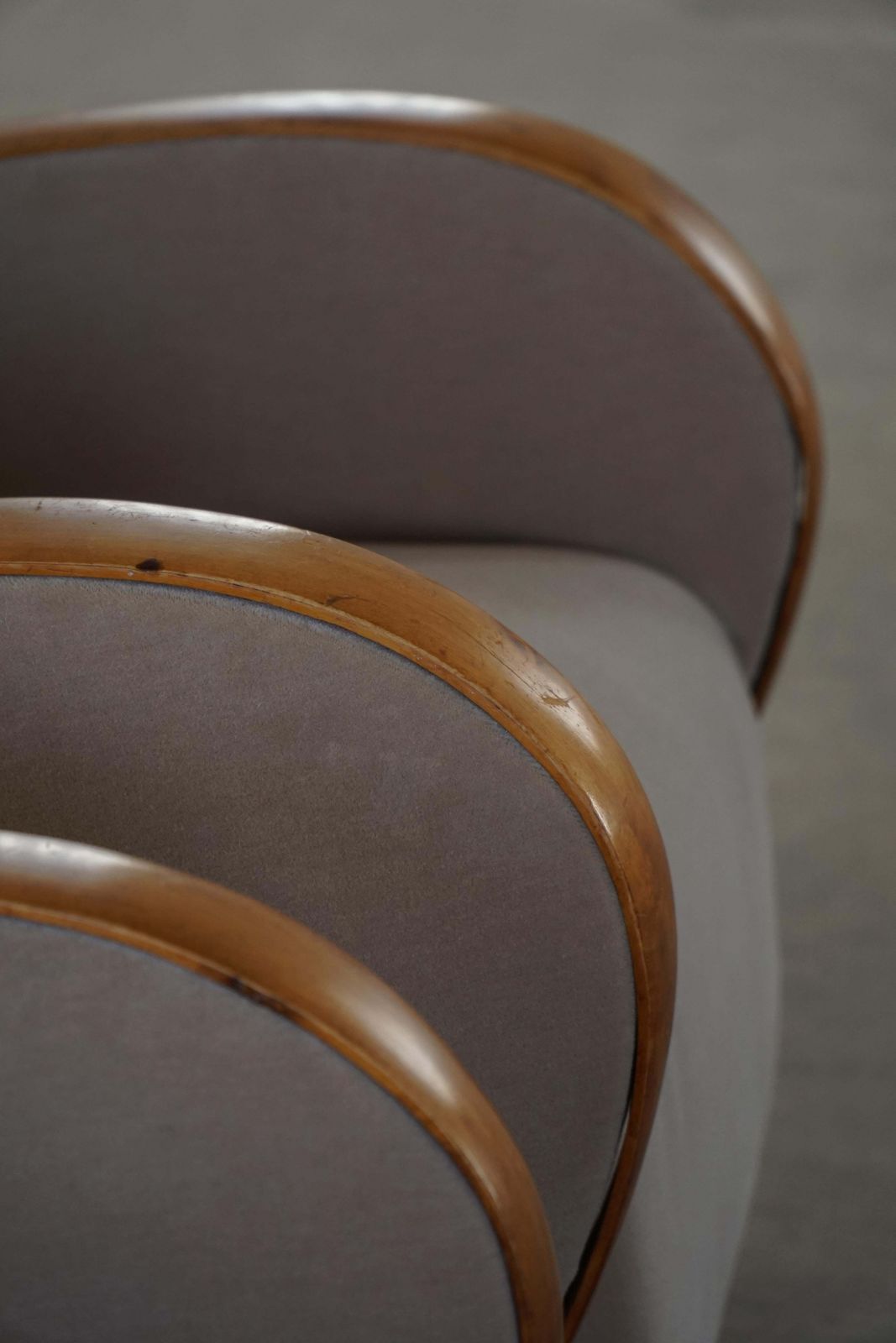 Pair Of Danish Modern Art Deco Lounge Chairs, Reupholstered, Mohair & Elm, 1940s photo vintage