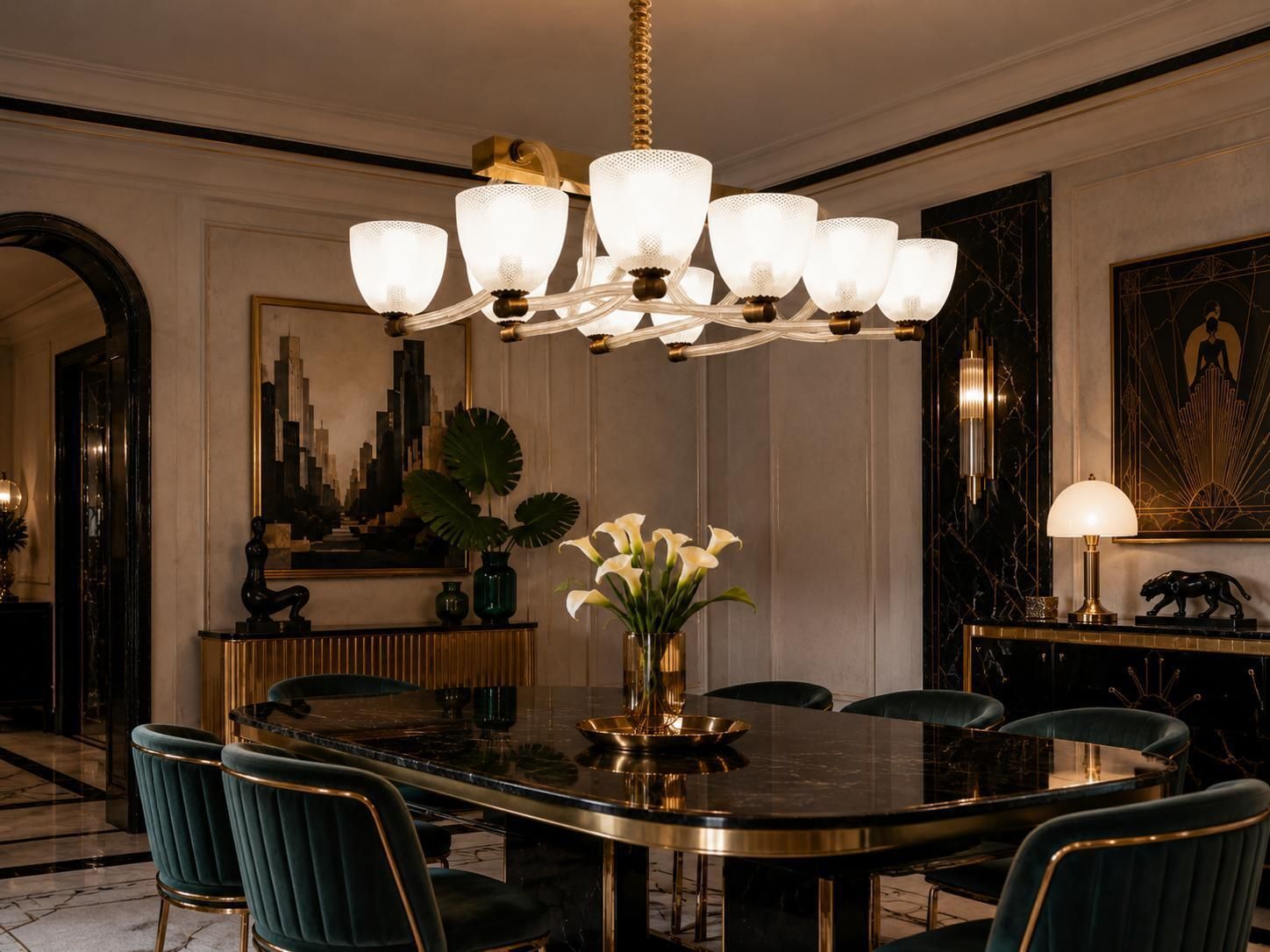 "Reticello" Midcentury Art Deco Murano Glass Italian Chandelier, 1930 photo furniture