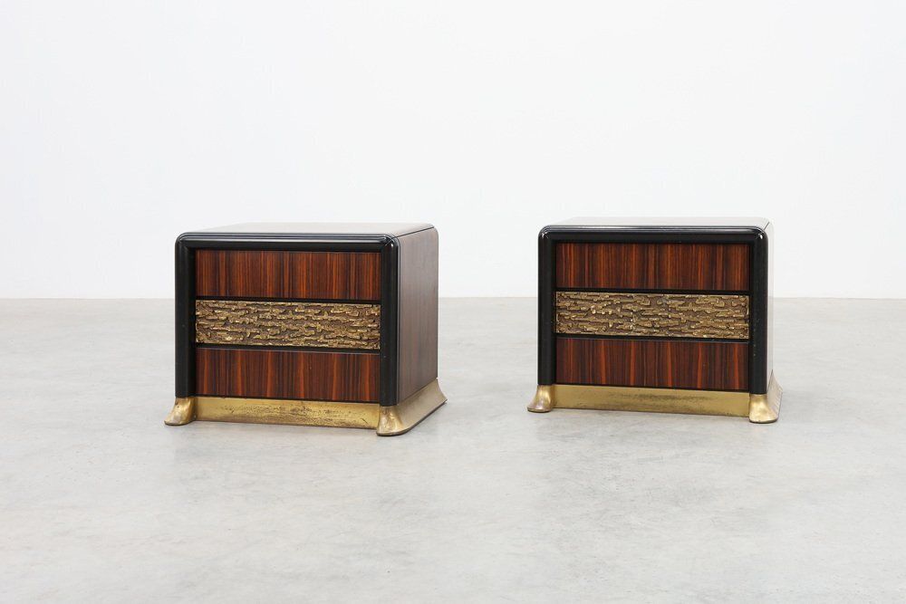Nightstands In Wood With Brass Relief, Italy 1970s, Set Of 2 photo 4670.0