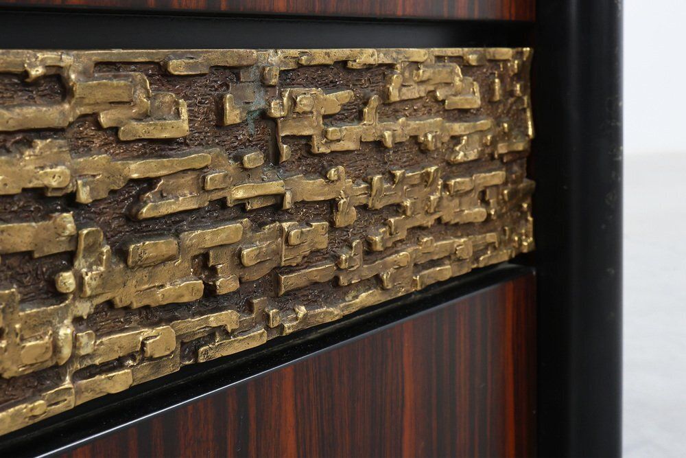 photo buy Nightstands In Wood With Brass Relief, Italy 1970s, Set Of 2