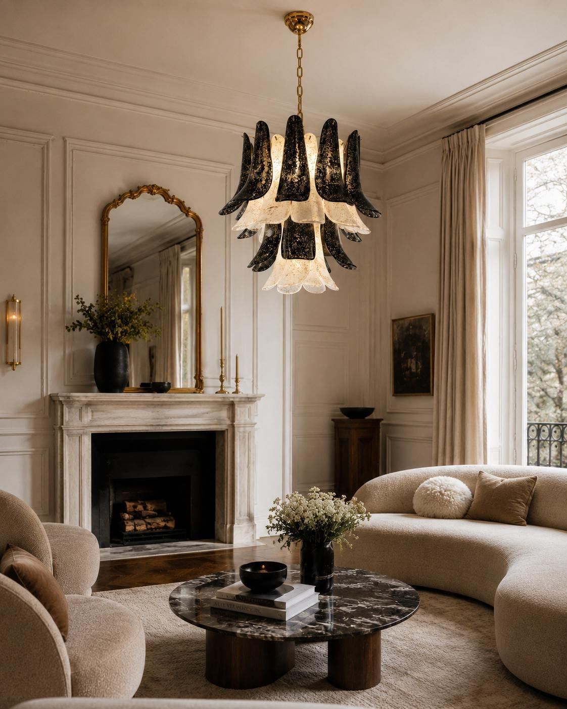 Pair Italian Gold Inclusion Petal Chandeliers, Murano photo for sale
