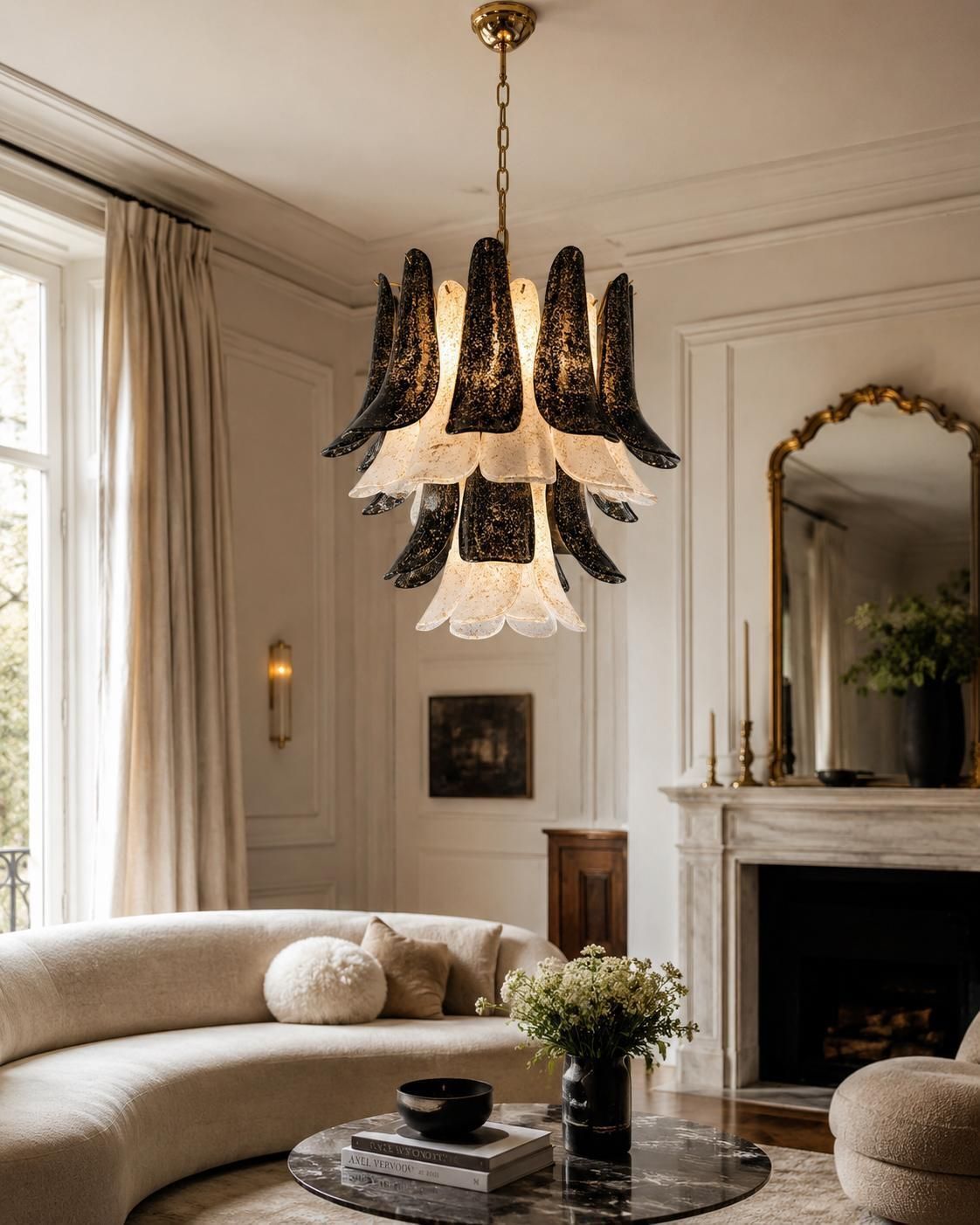Pair Italian Gold Inclusion Petal Chandeliers, Murano photo buy